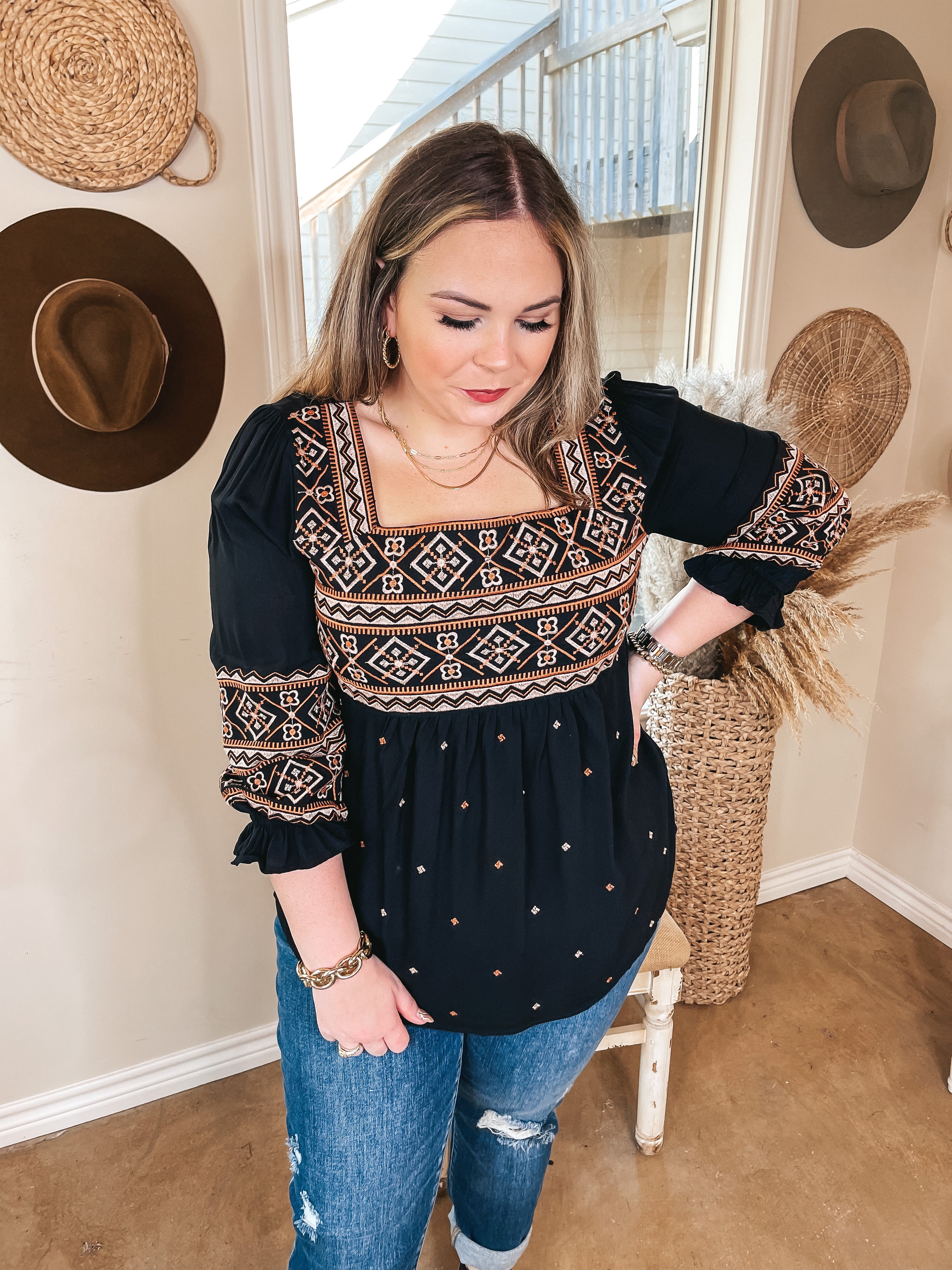 Hold Onto Love Square Neck Embroidered 3/4 Sleeve Top in Black - Giddy Up Glamour Boutique