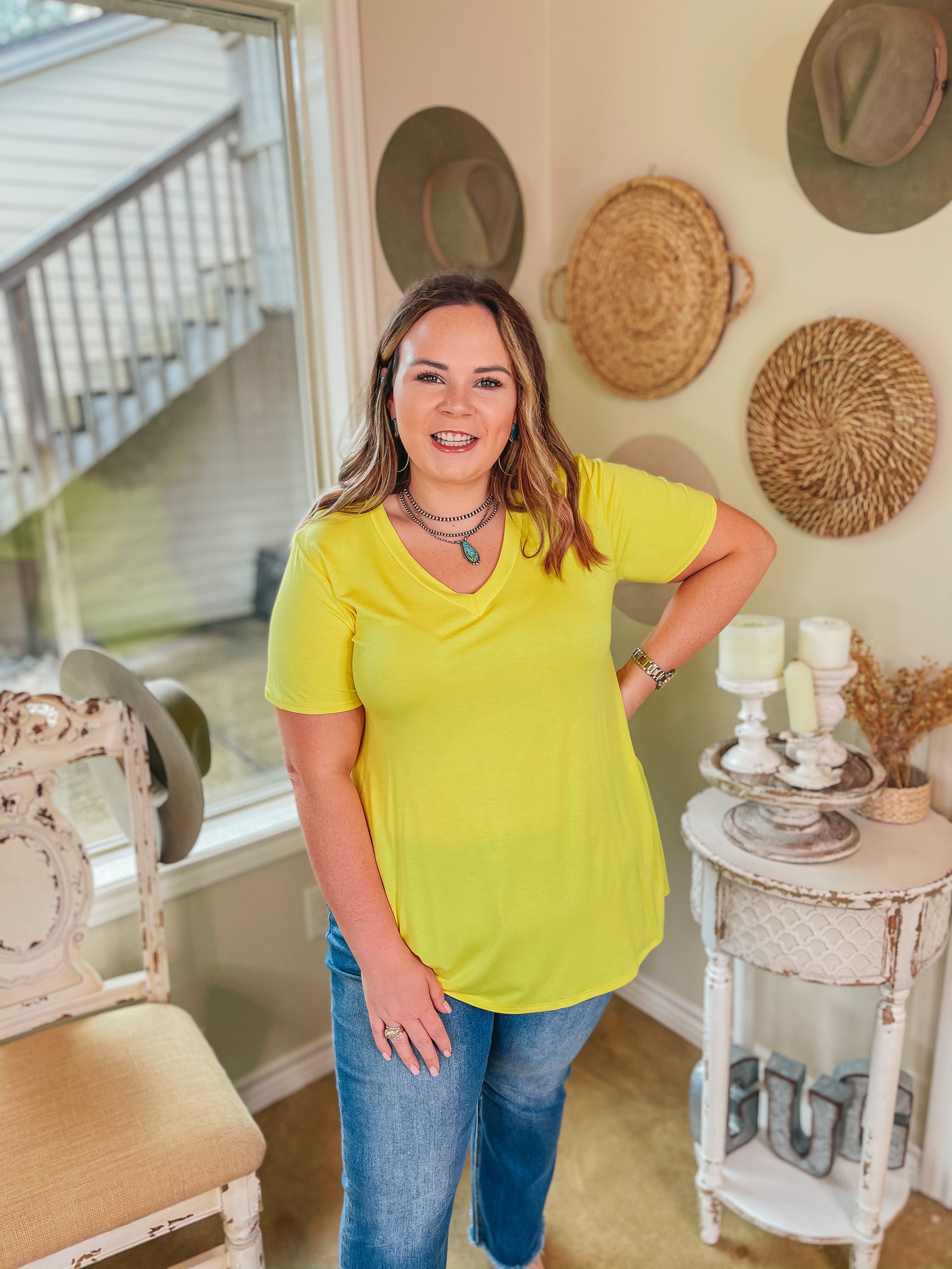It's That Simple Solid V Neck Tee in Yellow - Giddy Up Glamour Boutique