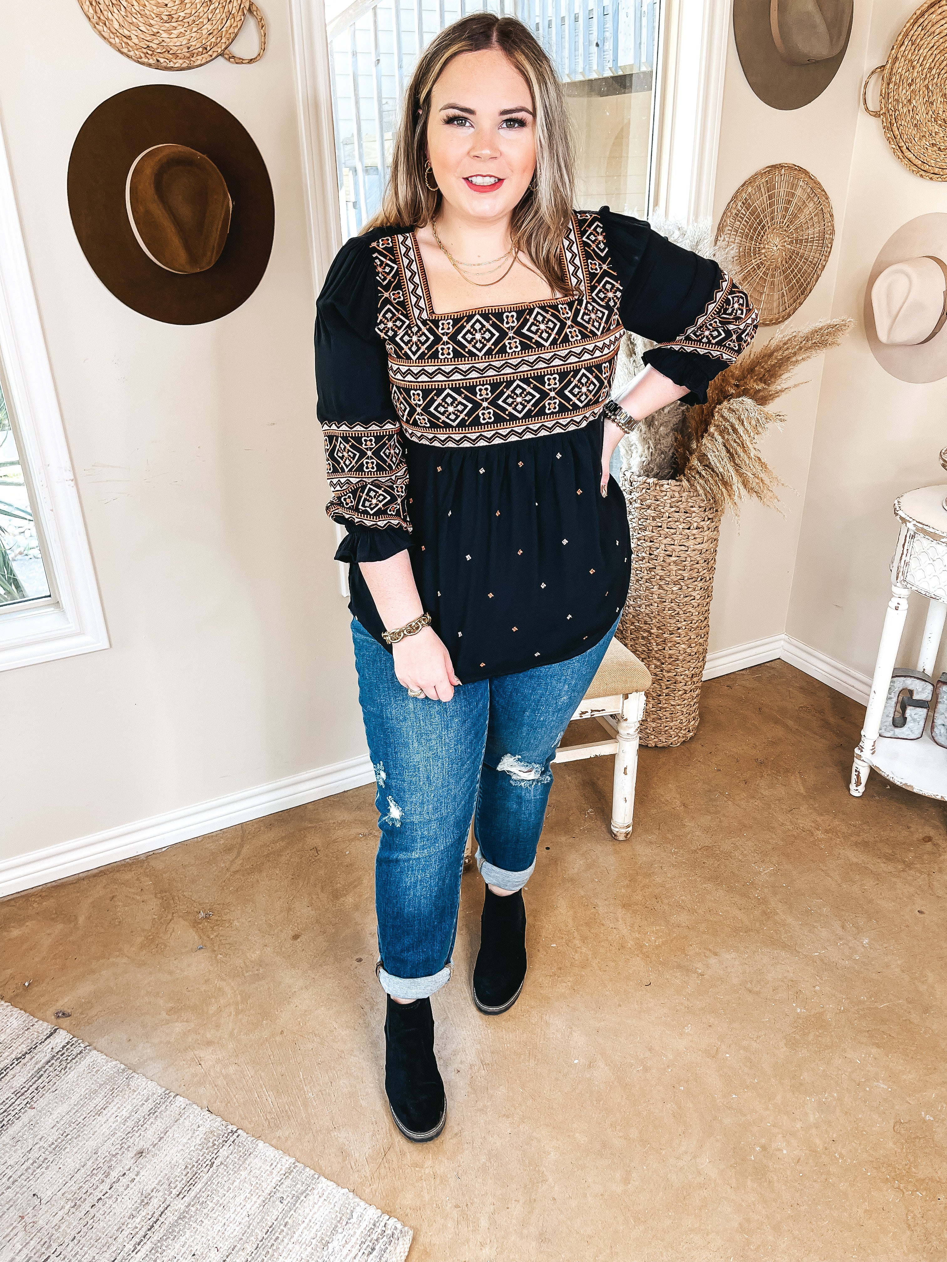 Hold Onto Love Square Neck Embroidered 3/4 Sleeve Top in Black - Giddy Up Glamour Boutique