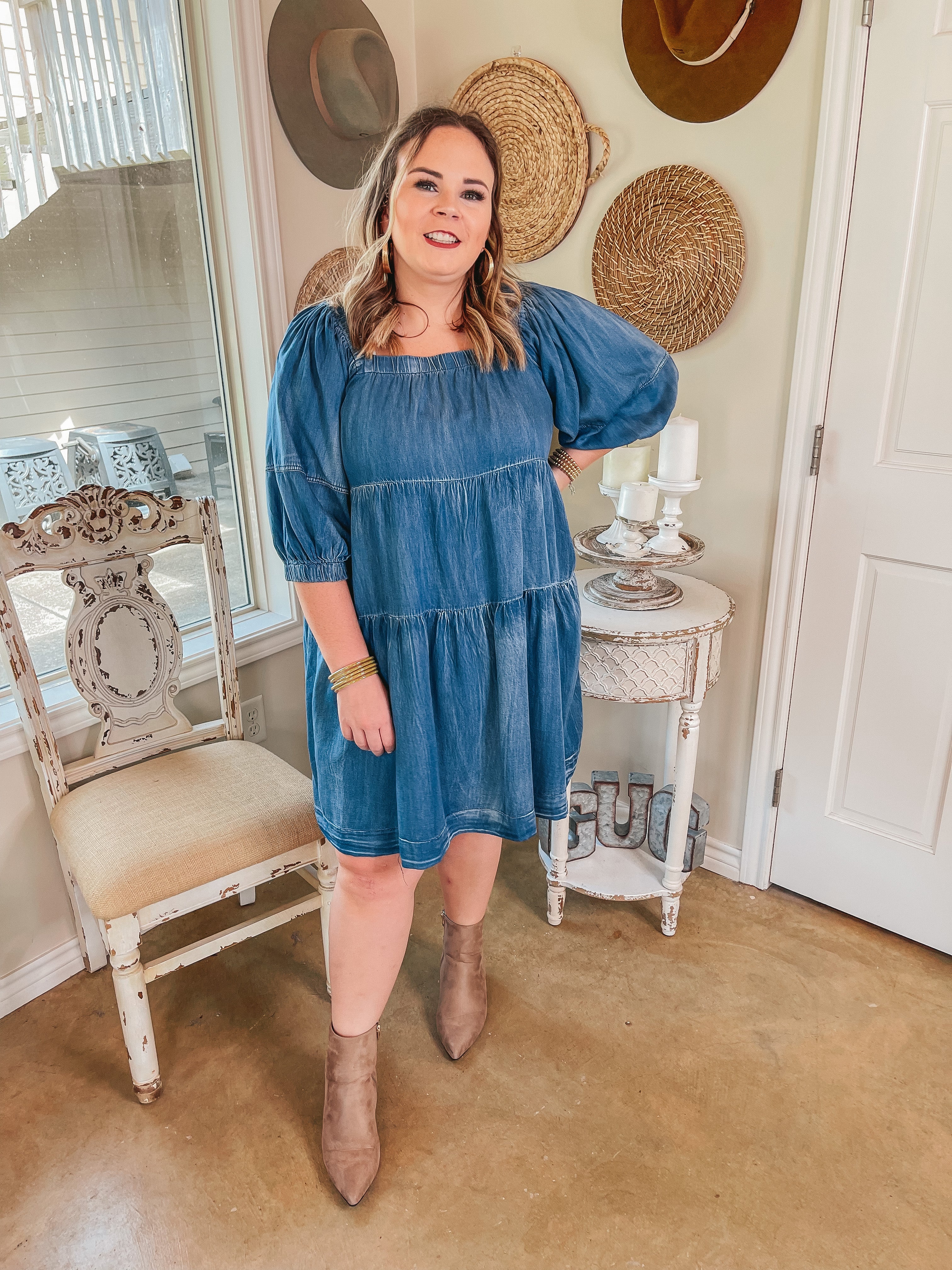 Wine Mixer Square Neck Chambray Tiered Dress in Dark Wash - Giddy Up Glamour Boutique