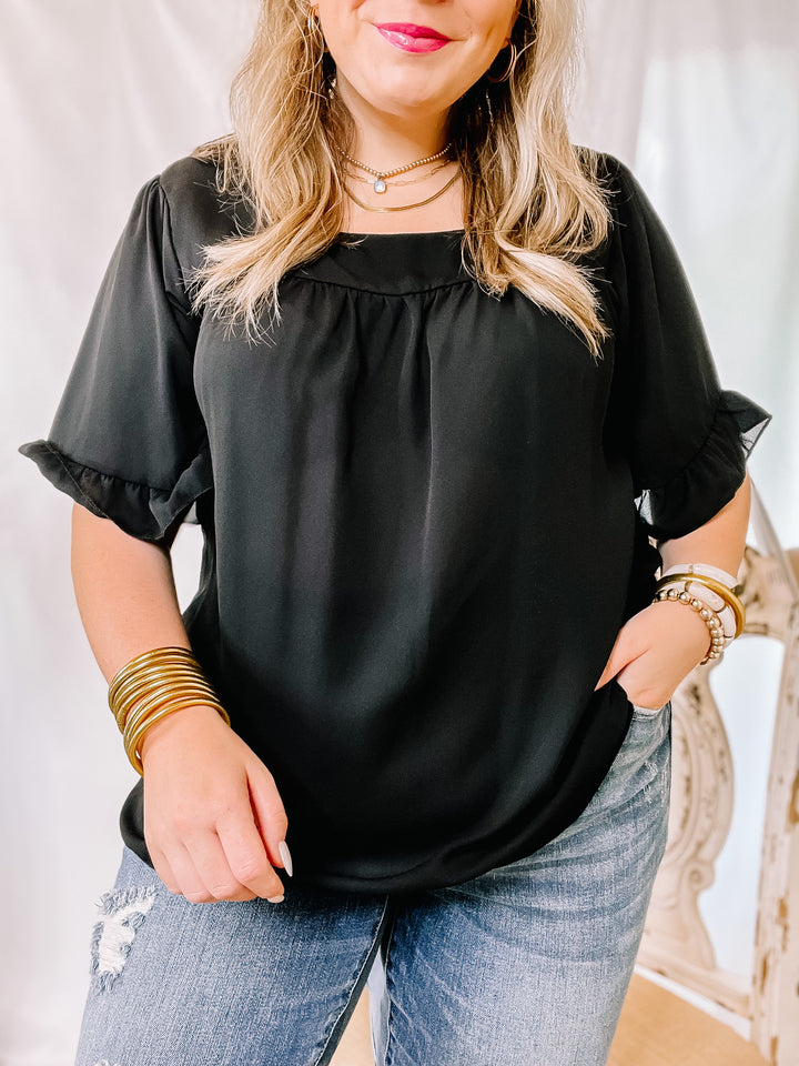 New Best Friend Square Neck Ruffle Short Sleeve Top in Black - Giddy Up Glamour Boutique