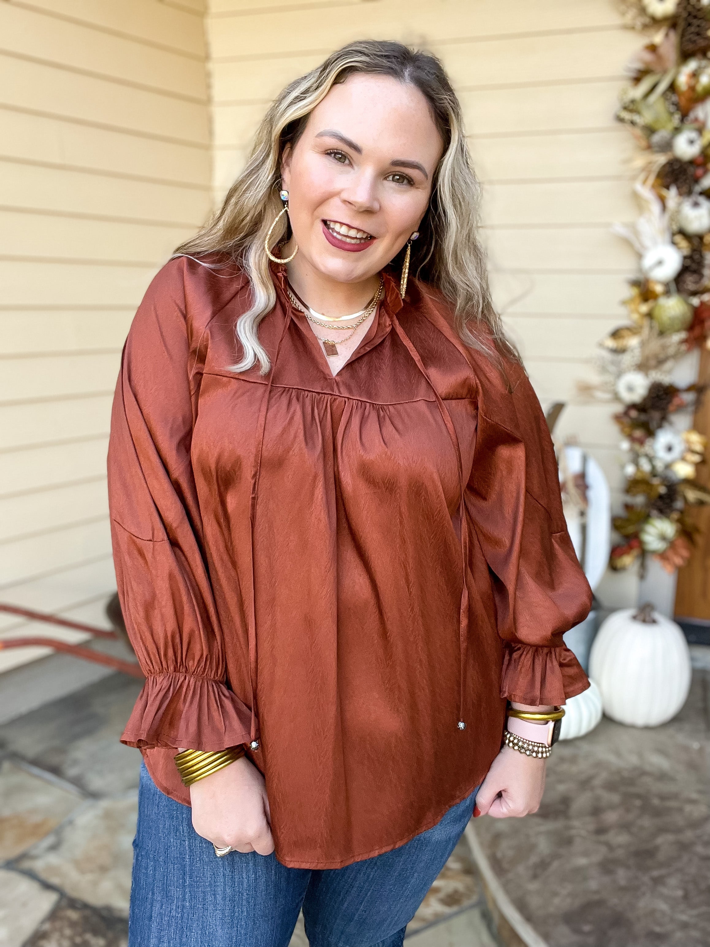 Sunset Situation Front Tie Keyhole Blouse in Rust Orange - Giddy Up Glamour Boutique