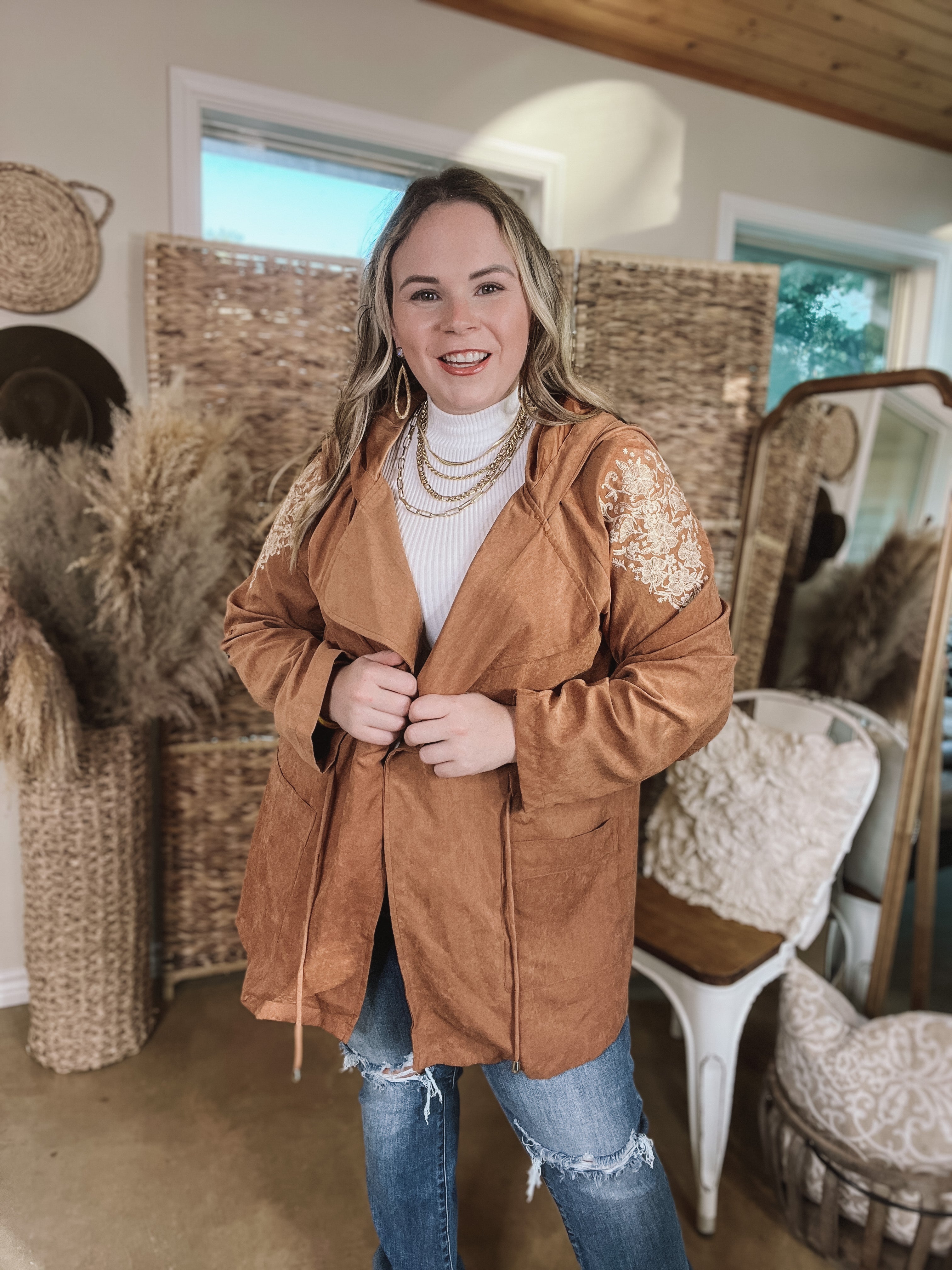 Fill Up Your Cup Embroidered Suede Utility Jacket in Tan - Giddy Up Glamour Boutique