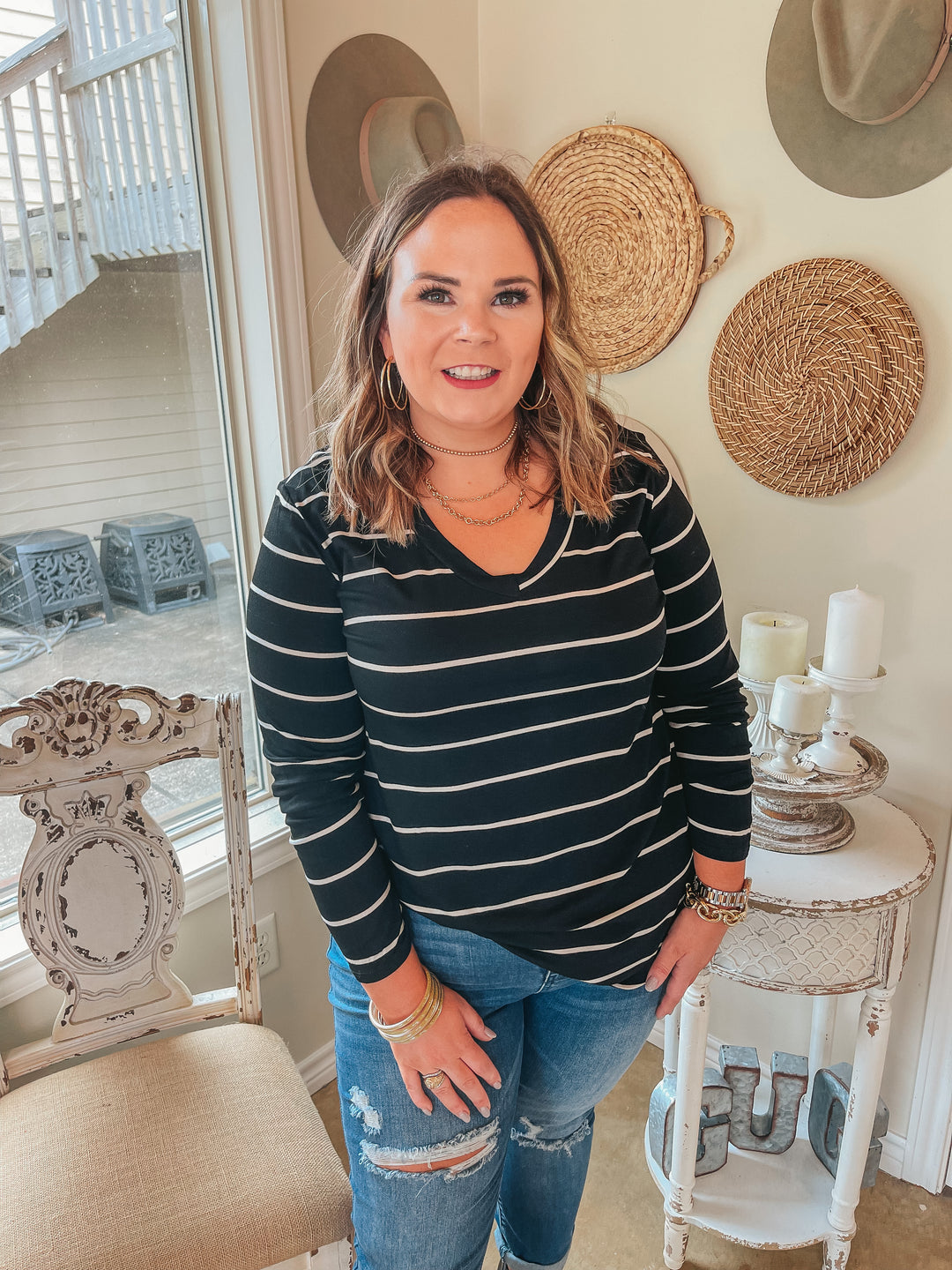 Keep Things Casual Long Sleeve Striped V Neck Tee in Black - Giddy Up Glamour Boutique