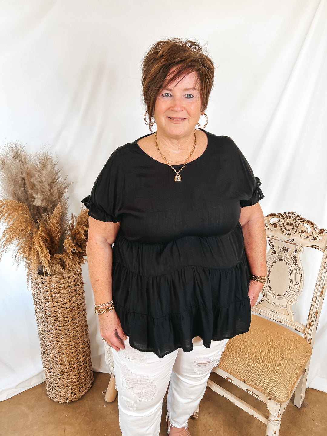 Belong To You Tiered Top with Ruffle Cap Sleeves in Black - Giddy Up Glamour Boutique