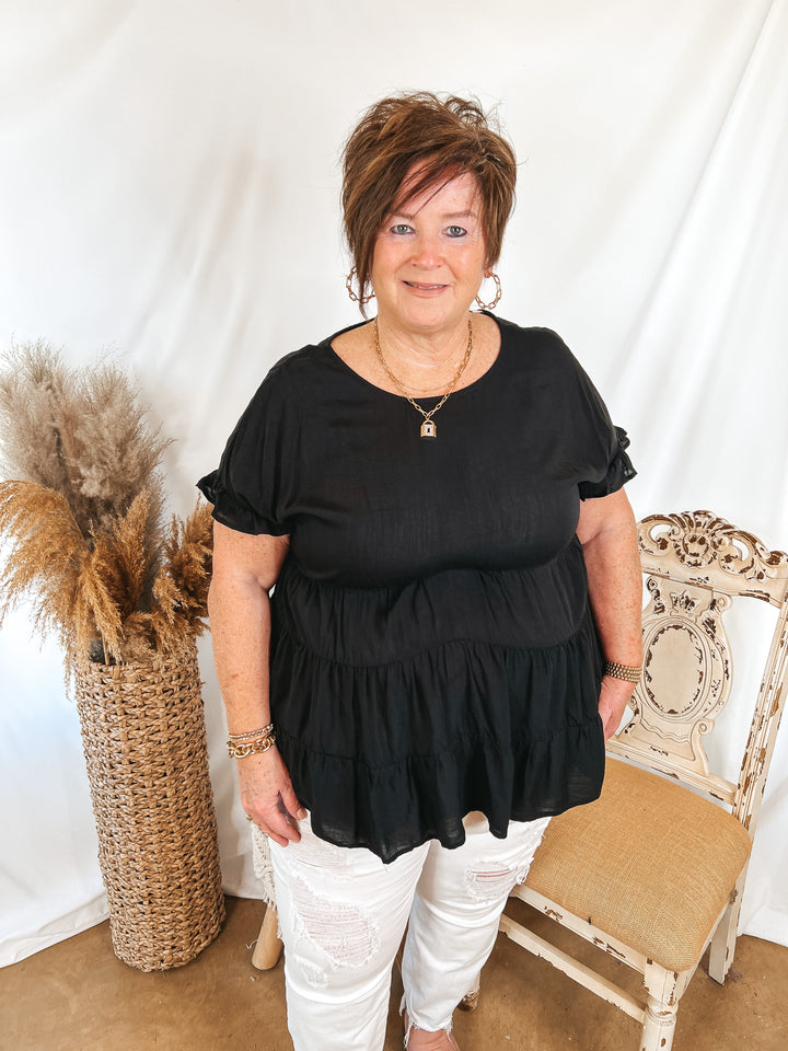 Belong To You Tiered Top with Ruffle Cap Sleeves in Black - Giddy Up Glamour Boutique