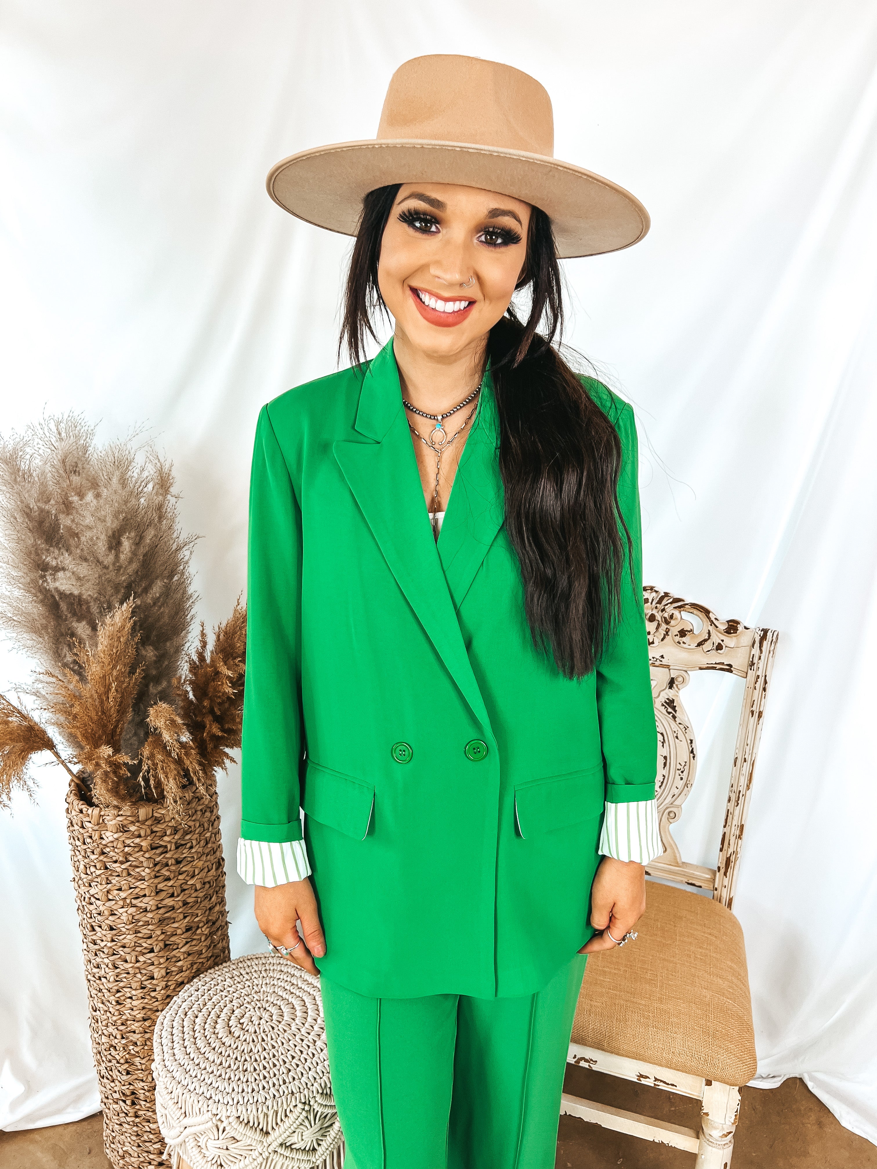 Bossy Business Double Button Blazer with Pockets in Green - Giddy Up Glamour Boutique