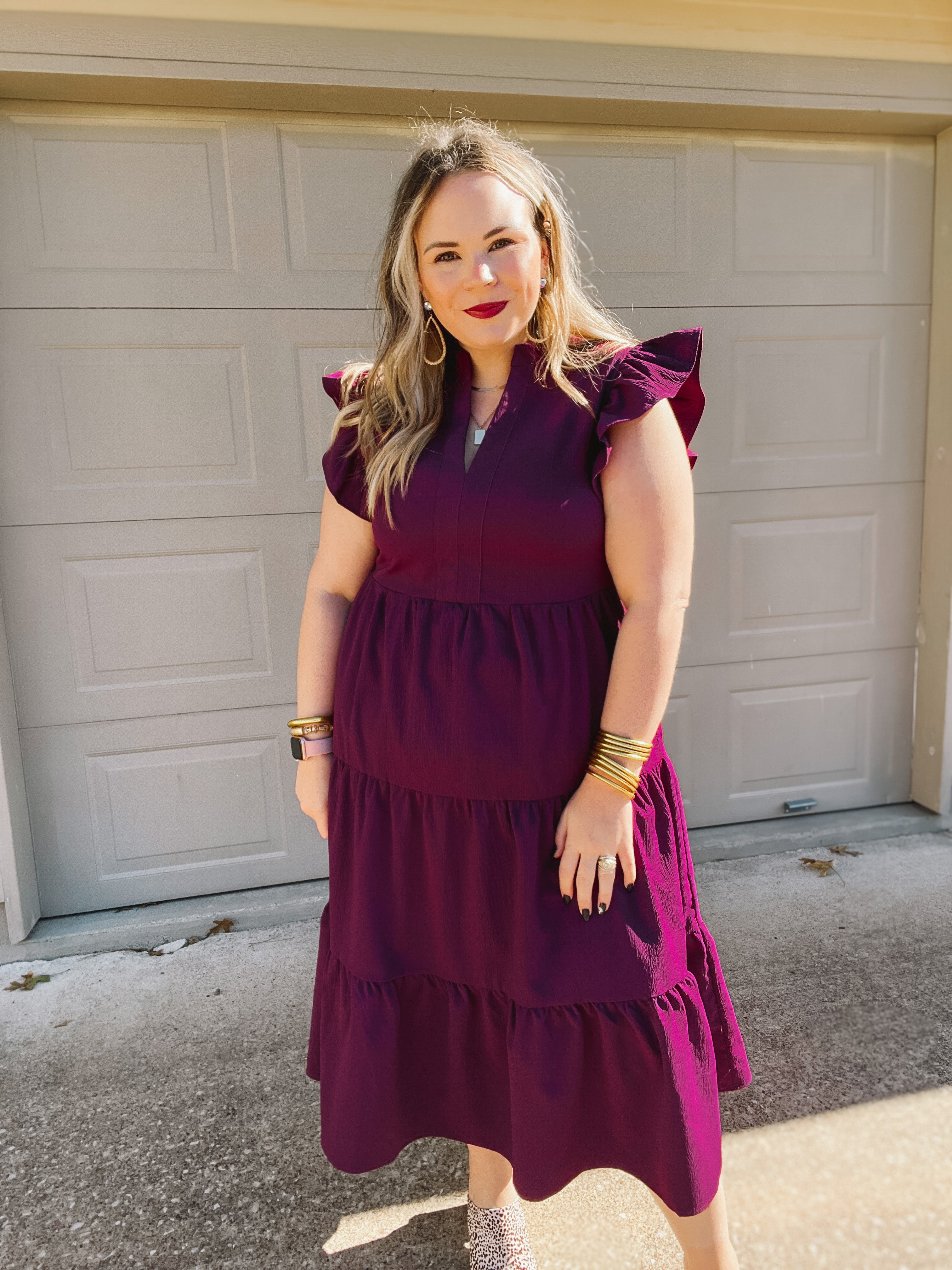 Magnolia Morning Ruffle Cap Sleeve Tiered Midi Dress in Eggplant - Giddy Up Glamour Boutique