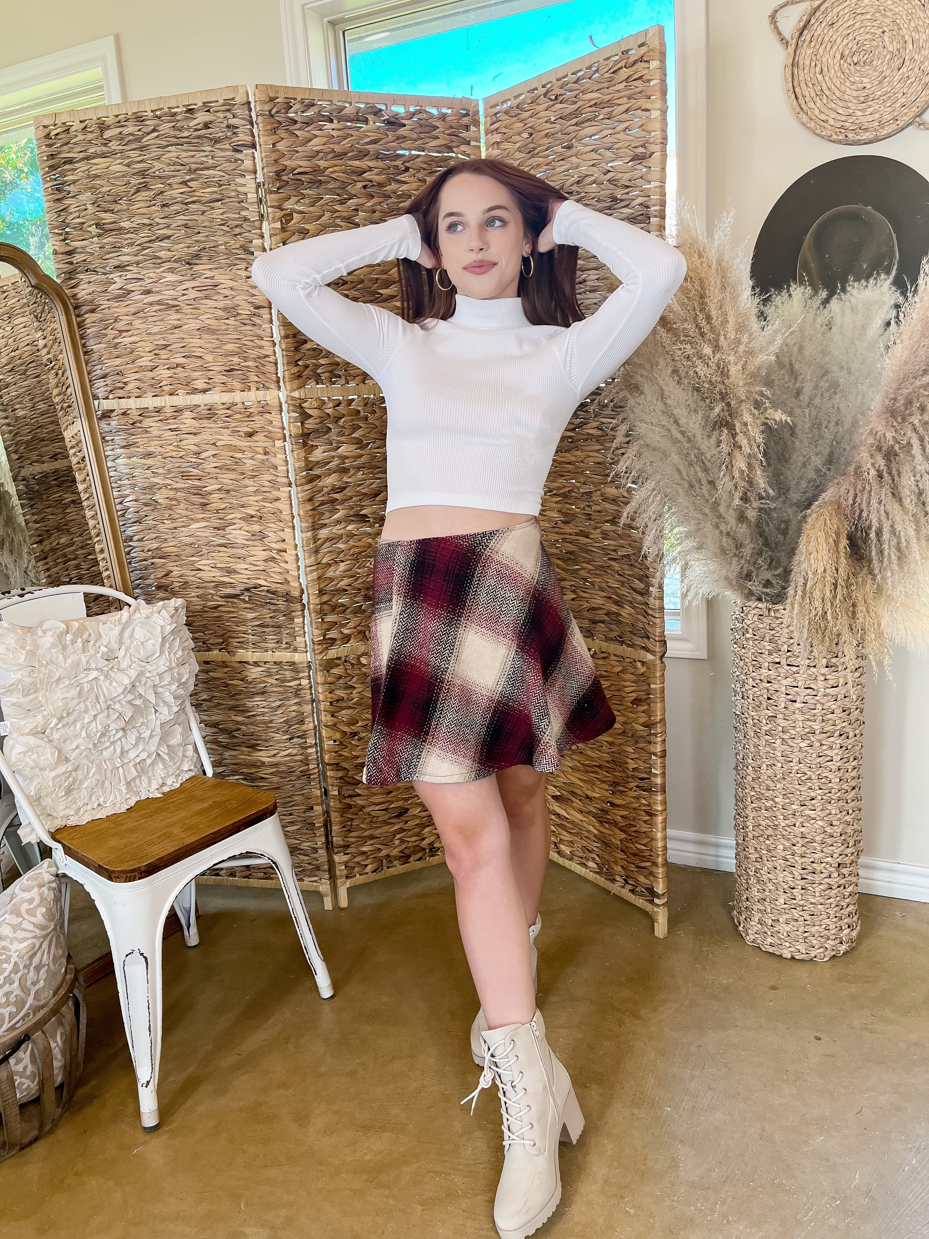 Fireside Talks Plaid Skirt in Maroon Mix - Giddy Up Glamour Boutique