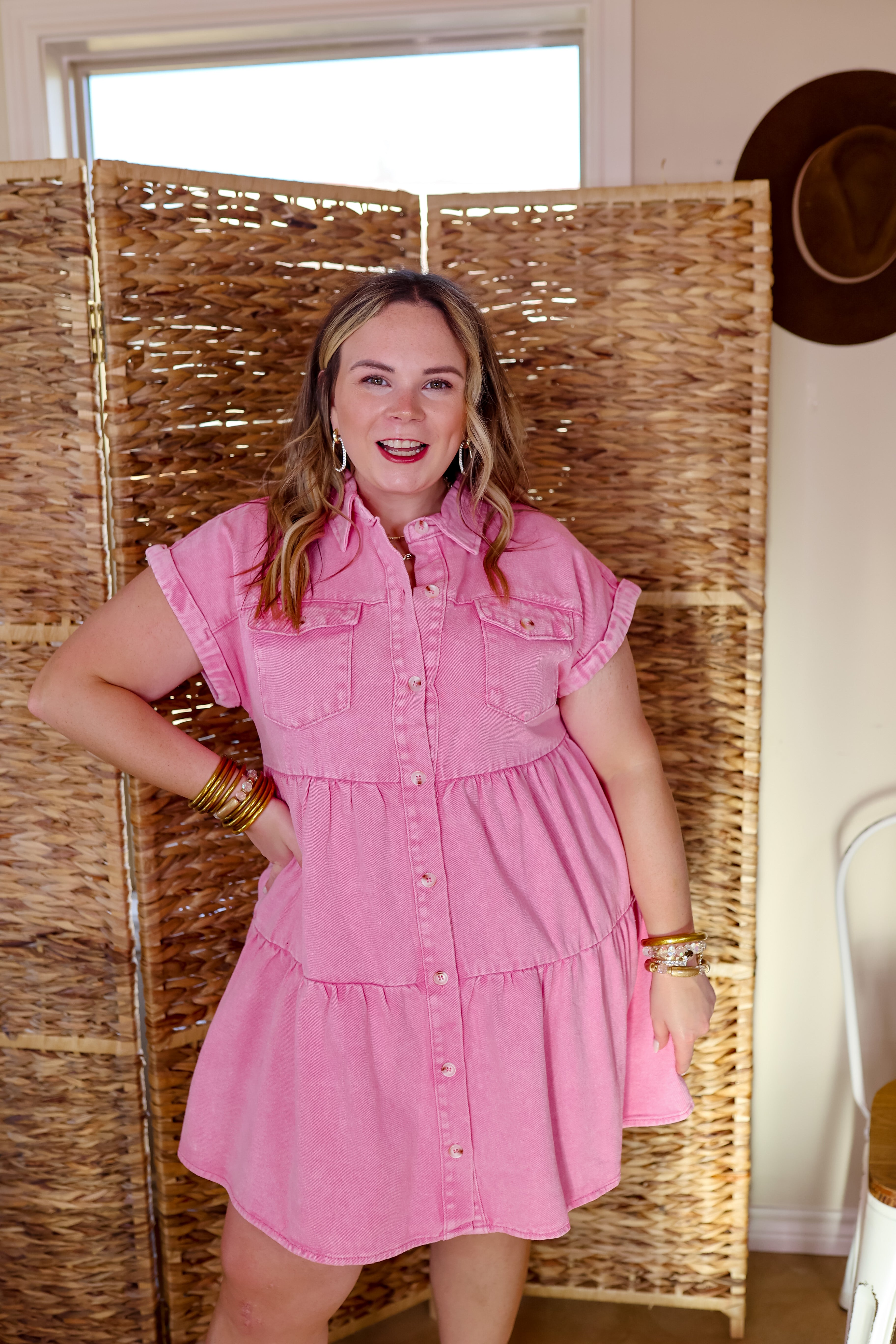 Latest Obsession Button Up Denim Tiered Dress in Pink - Giddy Up Glamour Boutique