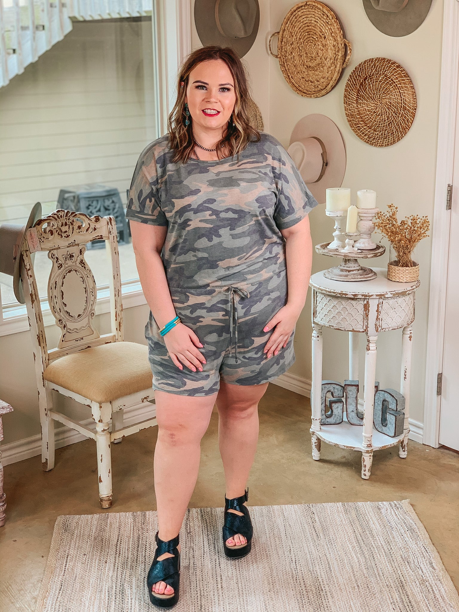 Let Me Loose Short Sleeve Drawstring Waist Tee Shirt Romper in Camouflage - Giddy Up Glamour Boutique