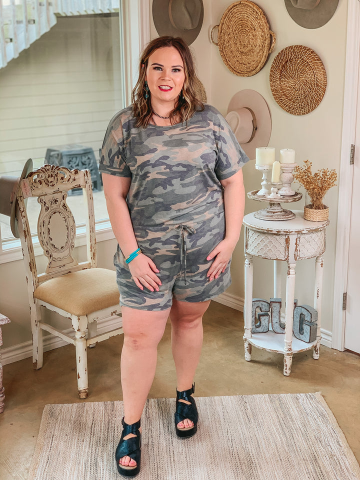 Let Me Loose Short Sleeve Drawstring Waist Tee Shirt Romper in Camouflage - Giddy Up Glamour Boutique