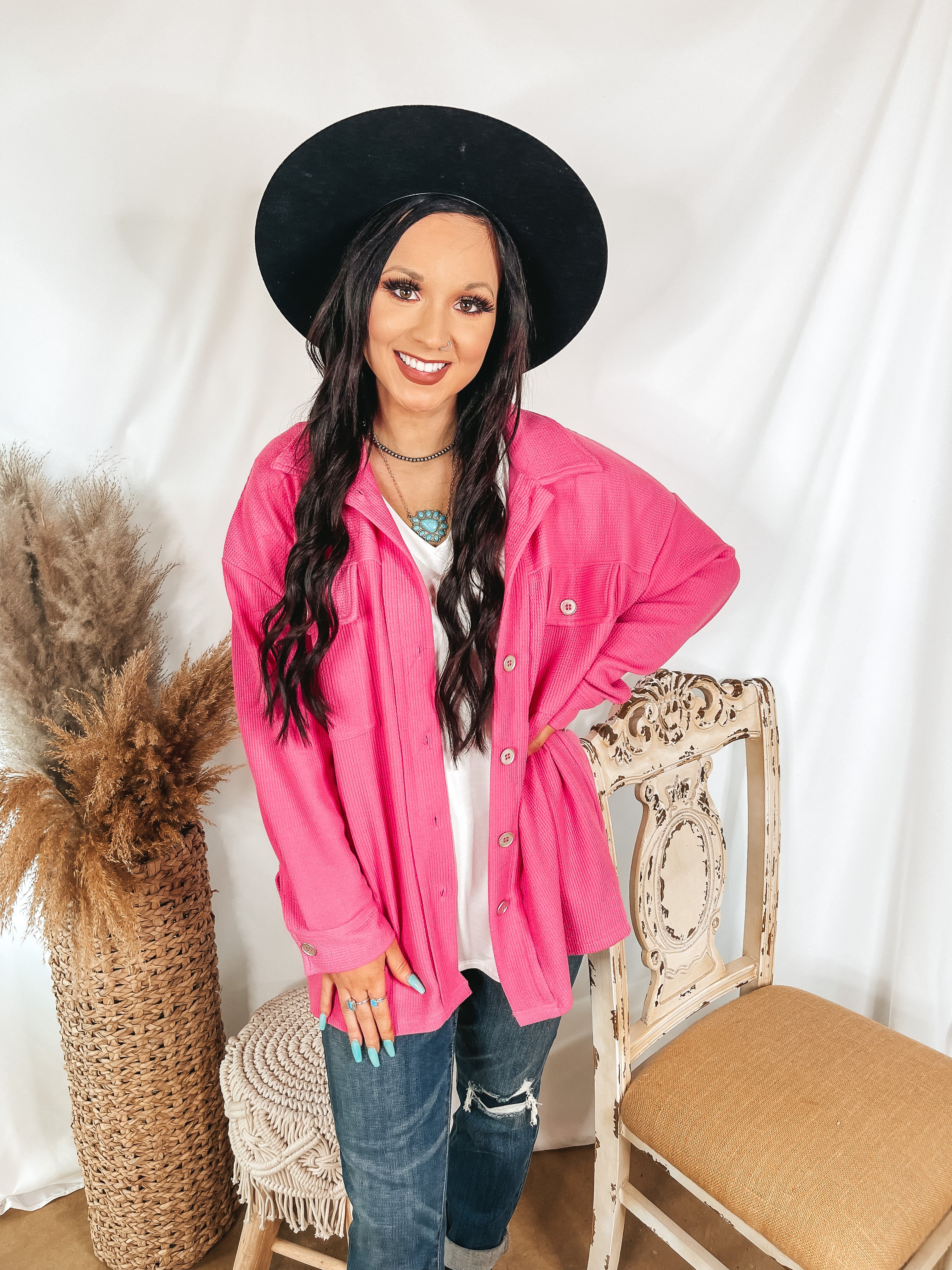 Say Less Button Up Knit Shacket in Fuchsia Pink - Giddy Up Glamour Boutique