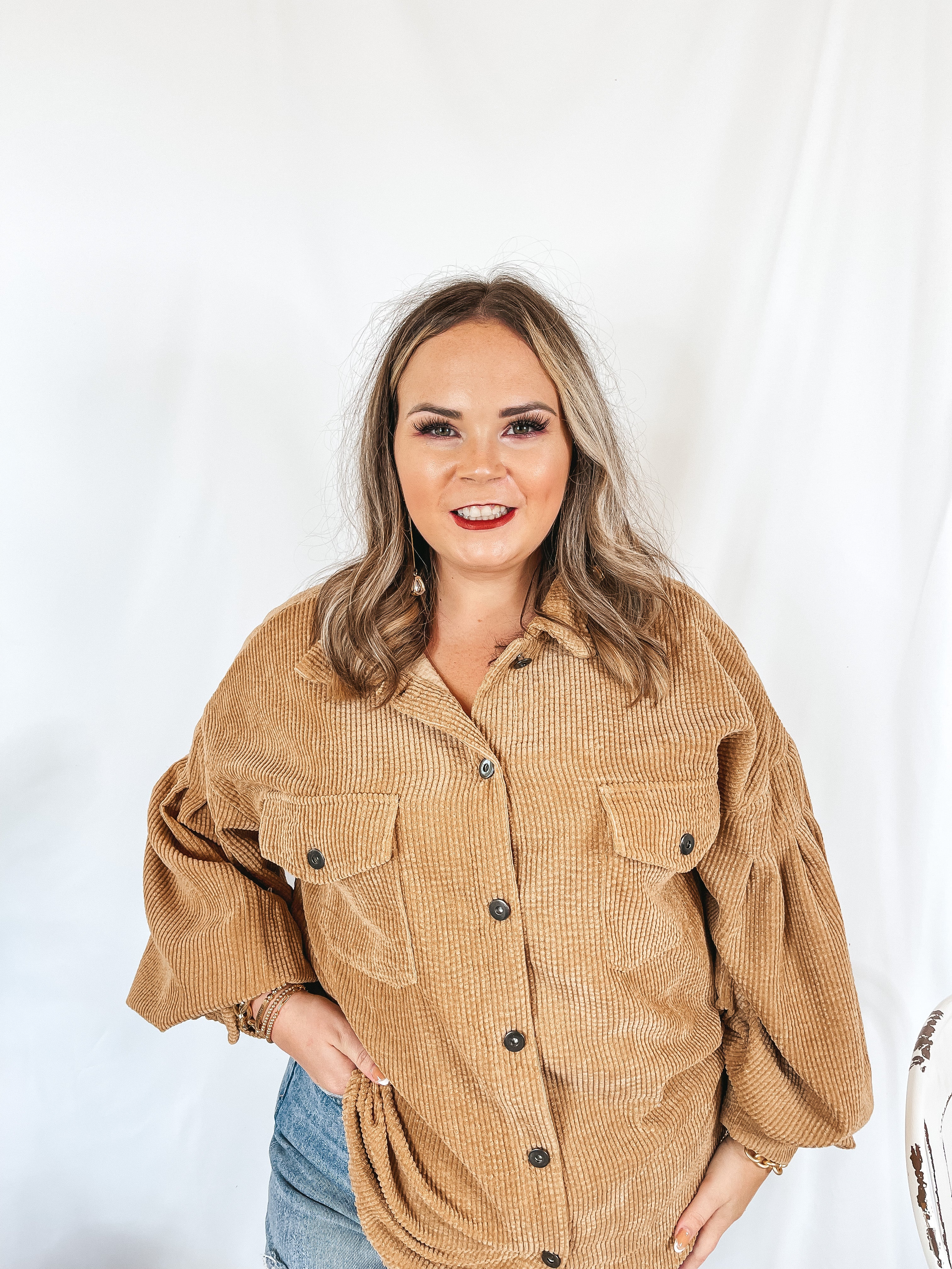 Cute Collab Button Up Corduroy Shacket with Balloon Sleeves in Tan - Giddy Up Glamour Boutique
