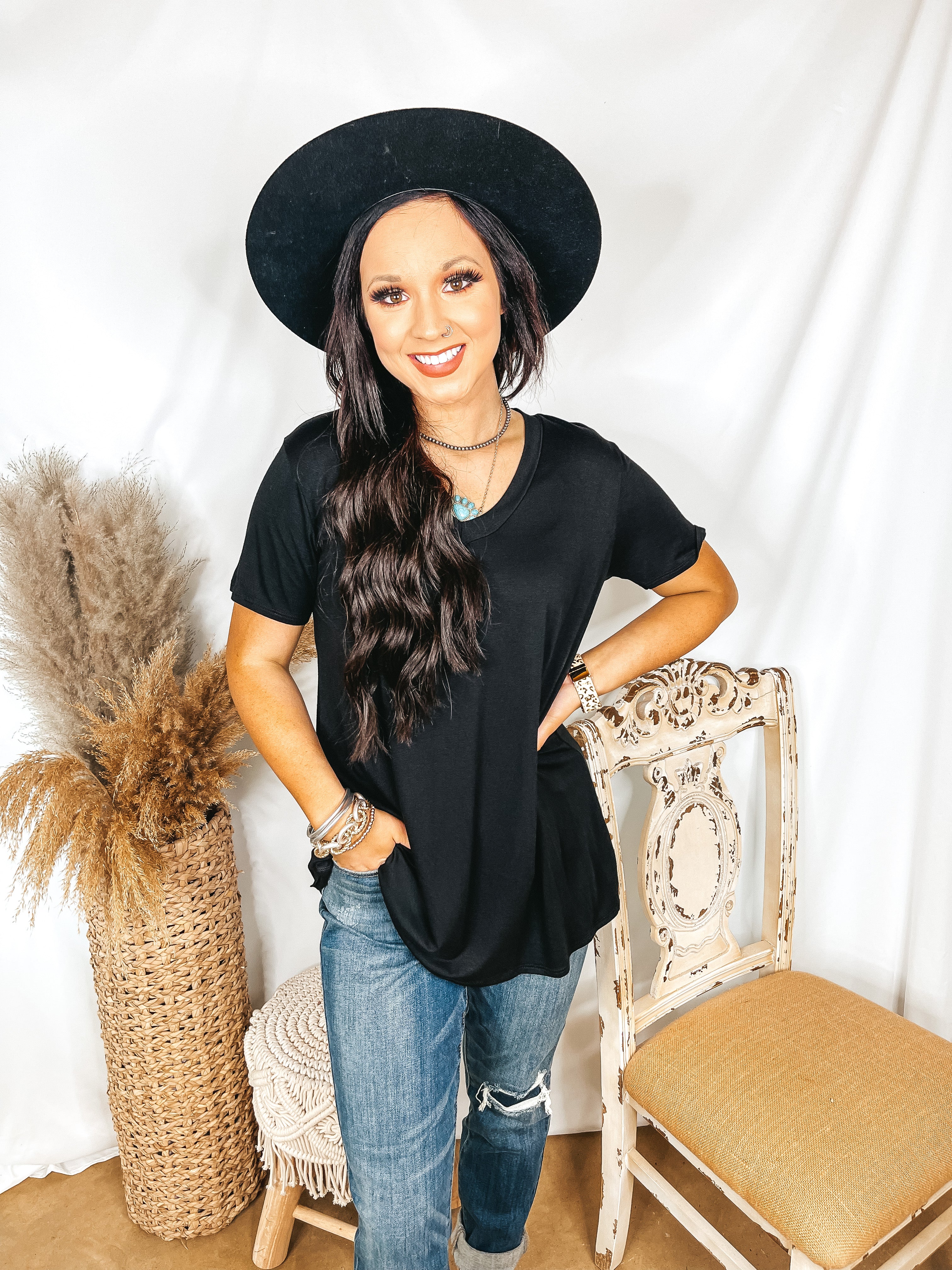 It's That Simple Solid V Neck Tee in Black - Giddy Up Glamour Boutique