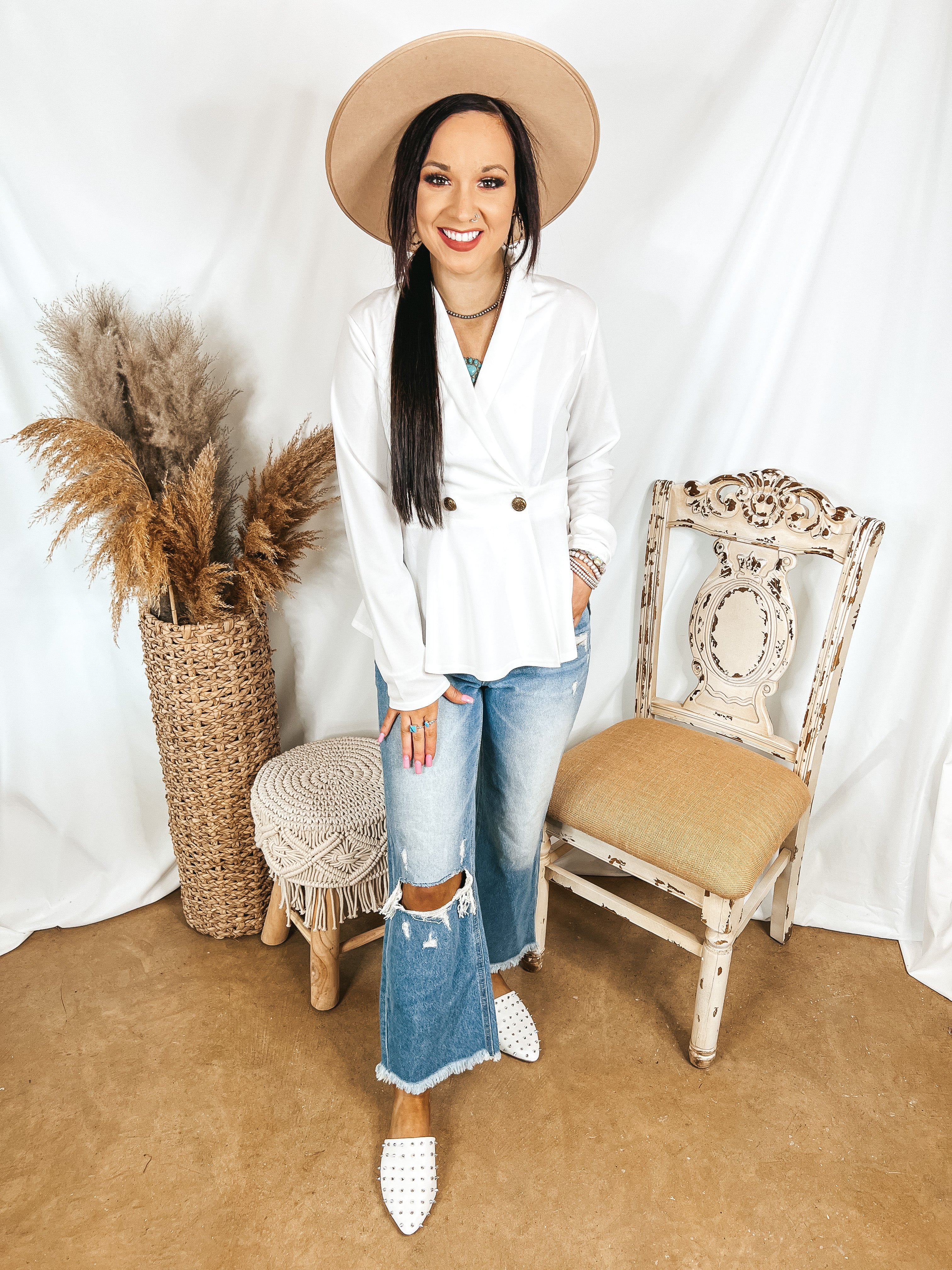 Rumored Romance Double Breasted Peplum Blazer Blouse in Ivory - Giddy Up Glamour Boutique