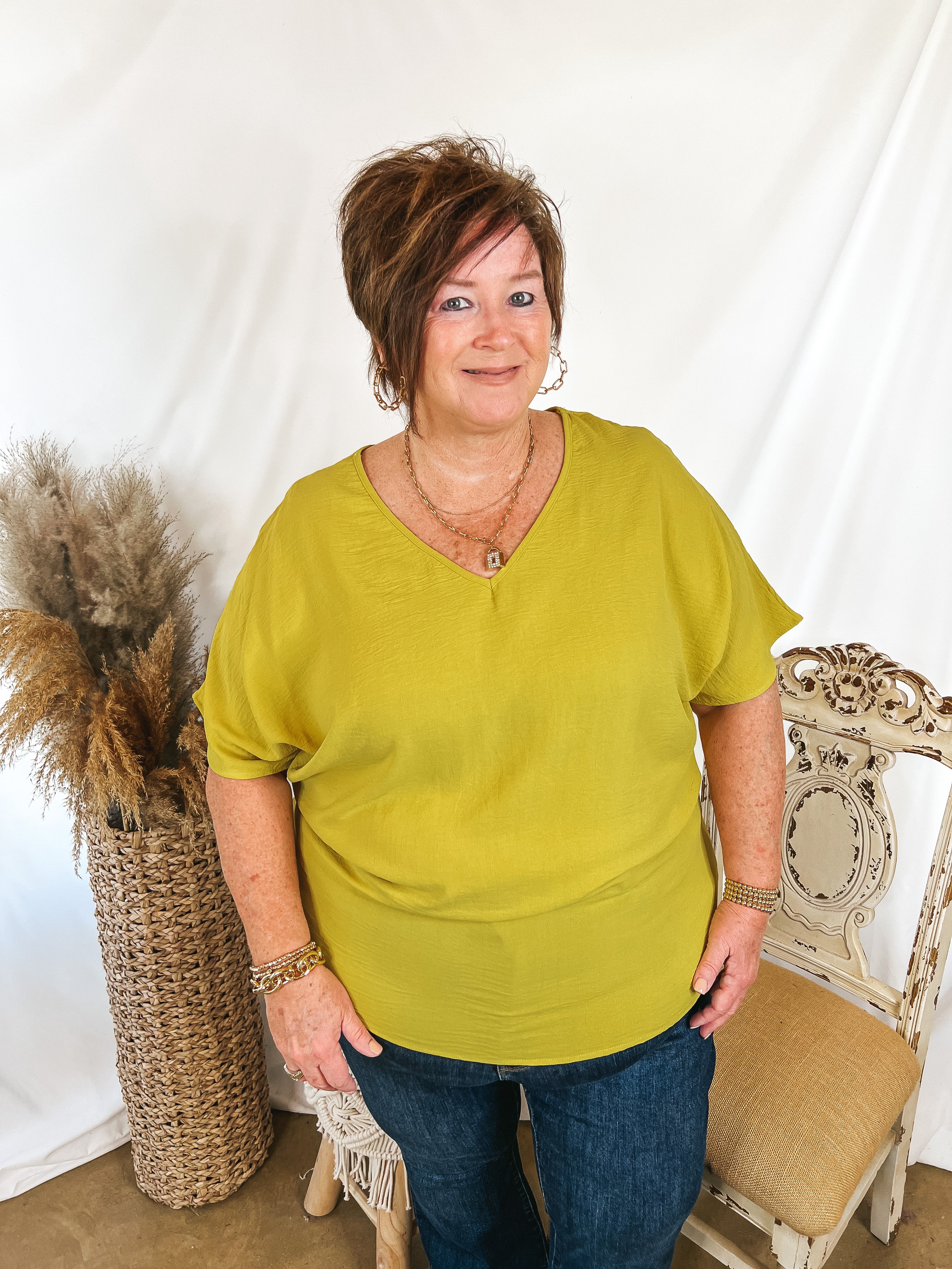 Lovely Dear V Neck Short Sleeve Solid Top in Gold Kiwi - Giddy Up Glamour Boutique