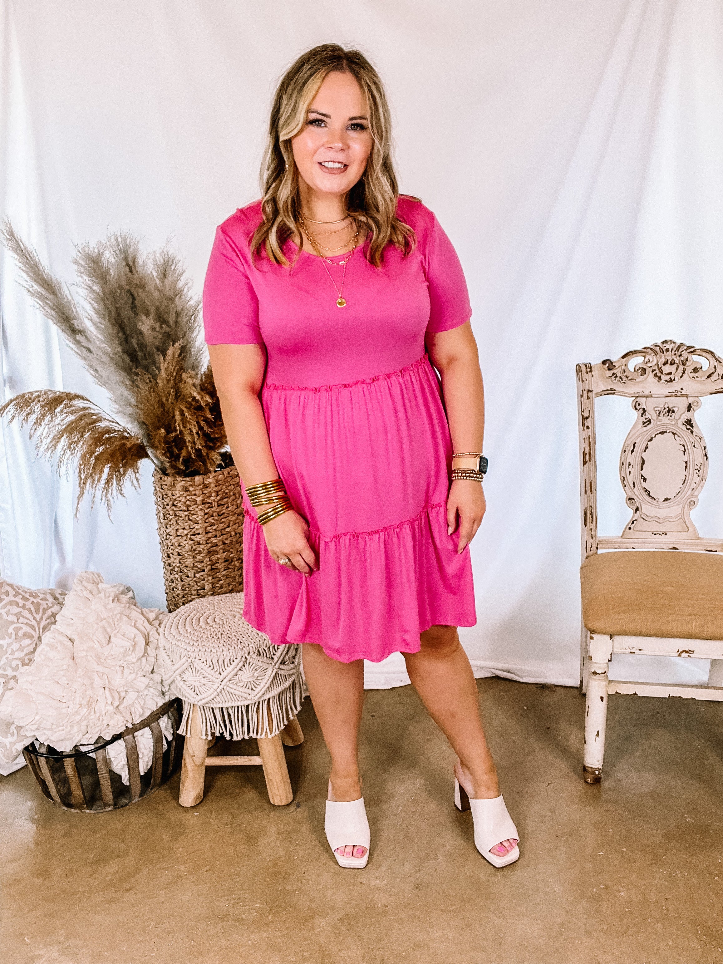 A Night to Remember Ruffle Tiered Short Sleeve Dress in Fuchsia Pink - Giddy Up Glamour Boutique