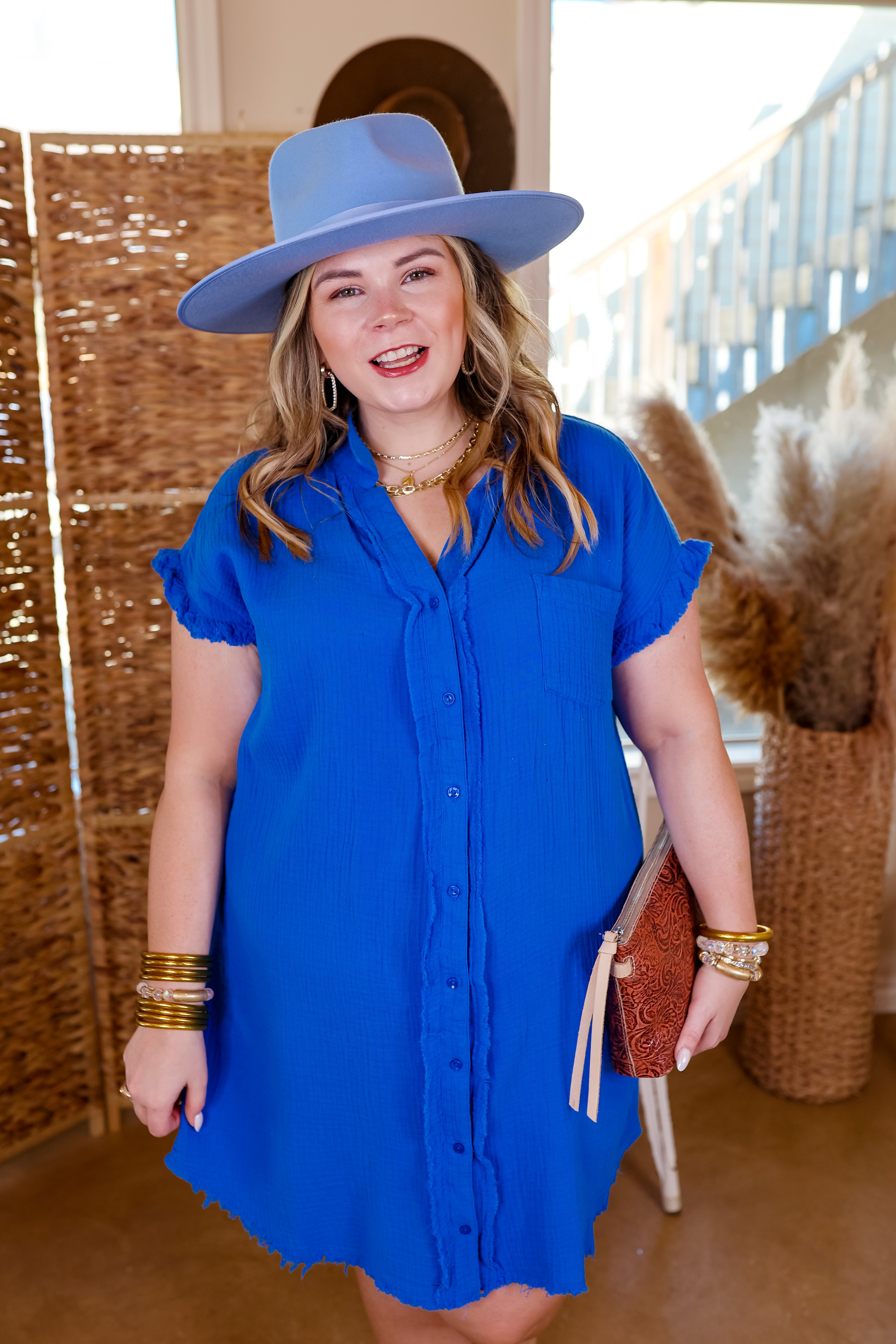 Spring Glow Button Up Raw Hem Dress in Royal Blue - Giddy Up Glamour Boutique