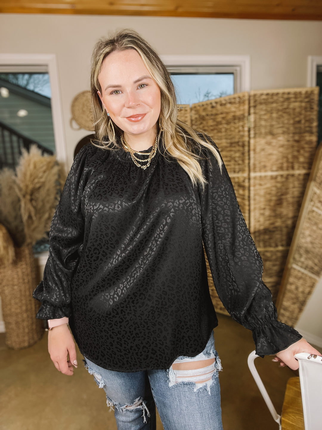 Mood Setter Ruffle Mock Neck Long Sleeve Leopard Print Satin Top in Black - Giddy Up Glamour Boutique