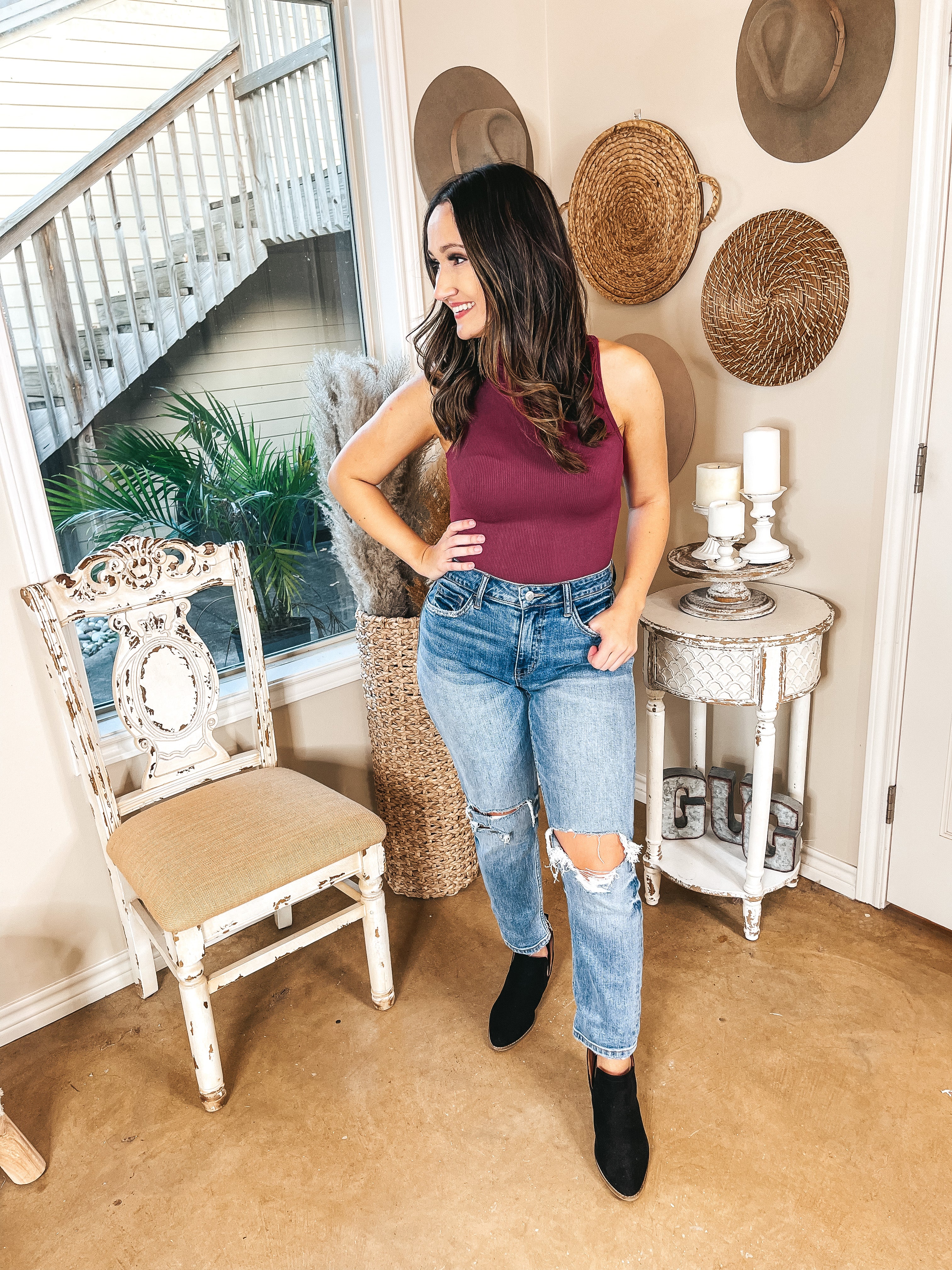 Love and Luck Turtle Neck Ribbed Tank Top Bodysuit in Maroon - Giddy Up Glamour Boutique