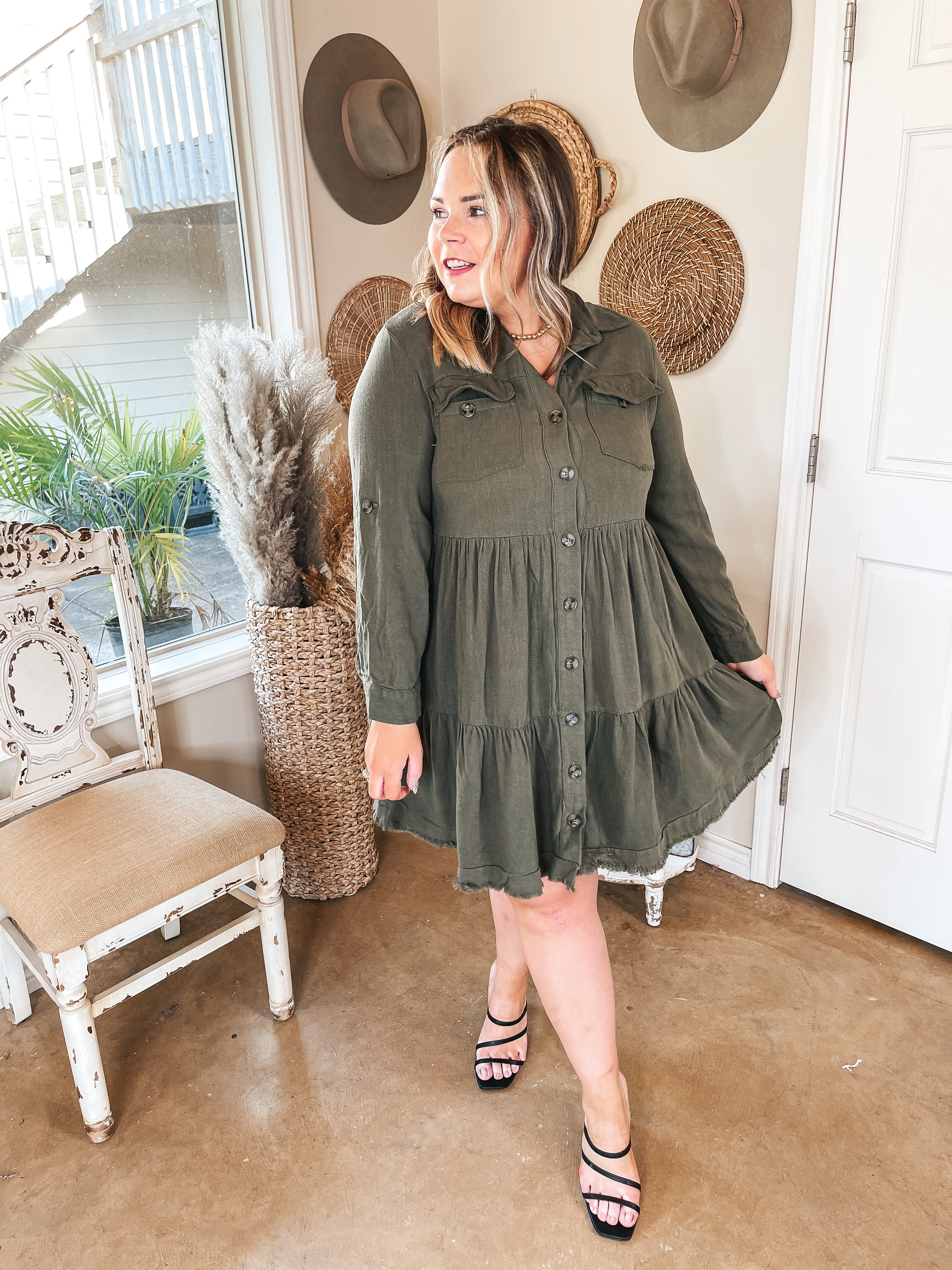Chic Darling Ruffle Tiered Button Up Dress with Long Sleeves in Olive Green - Giddy Up Glamour Boutique