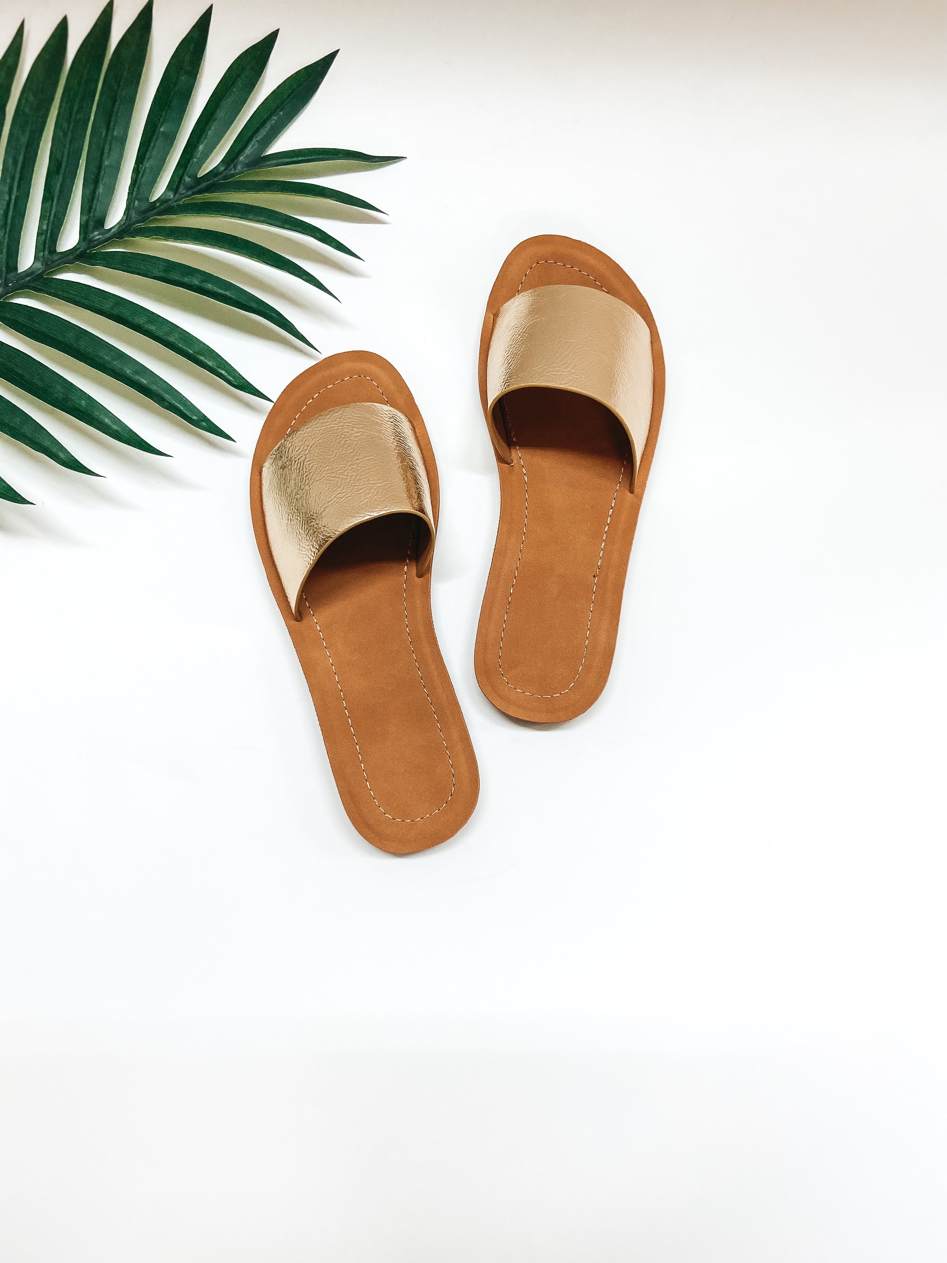 Passing By Single Strap Slide On Sandals in Gold - Giddy Up Glamour Boutique