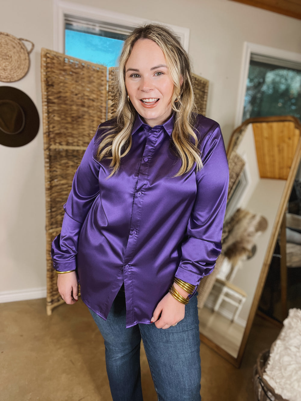 Down To Disco Satin Long Sleeve Button Up Top in Purple - Giddy Up Glamour Boutique