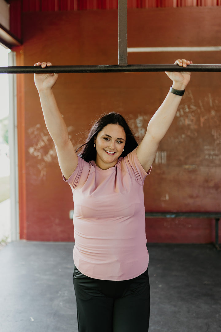 Breaking Records Fitted Short Sleeve Active Top in Mauve Pink - Giddy Up Glamour Boutique