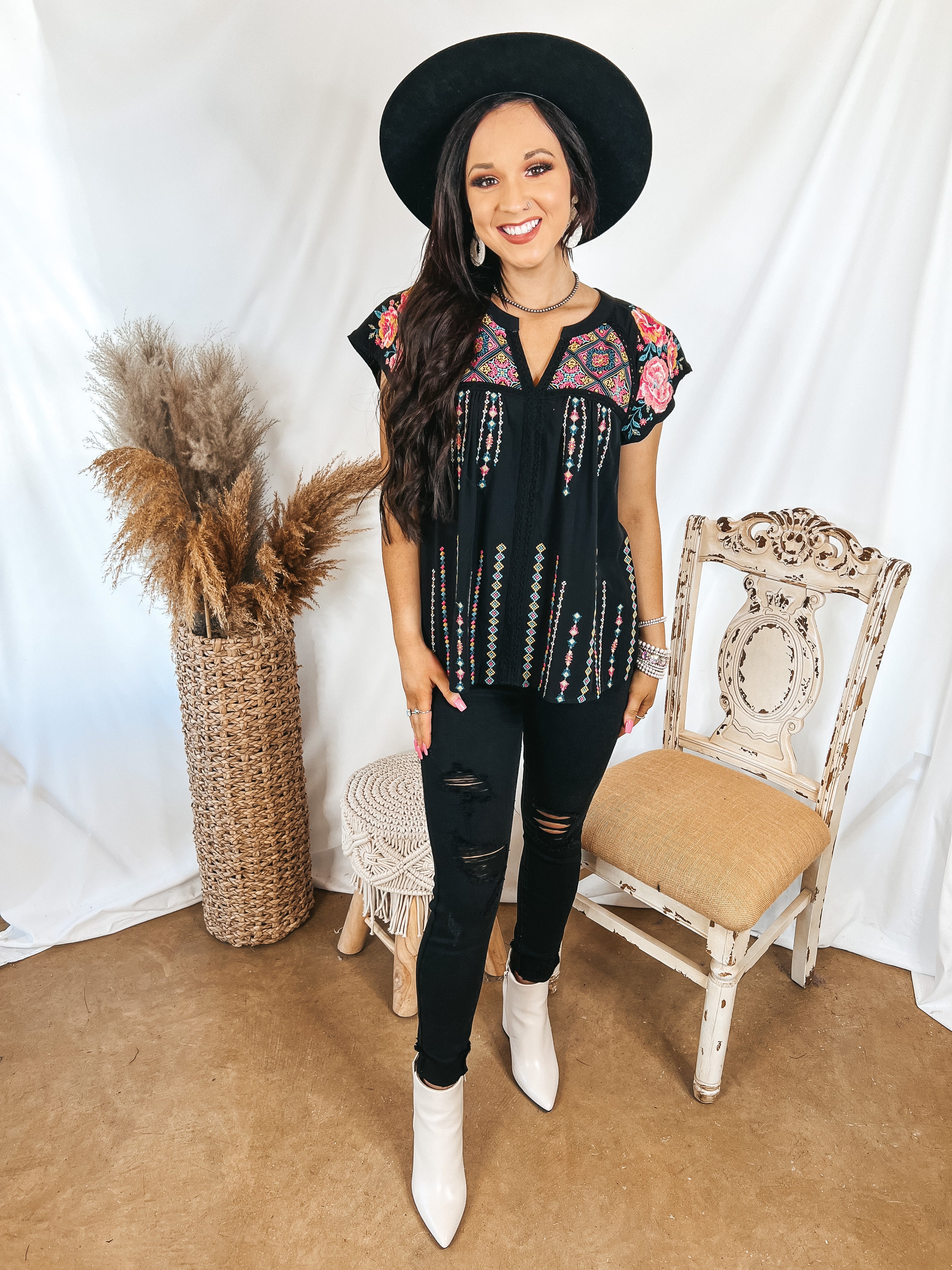 On A Journey Floral Embroidered V Notched Blouse in Black - Giddy Up Glamour Boutique