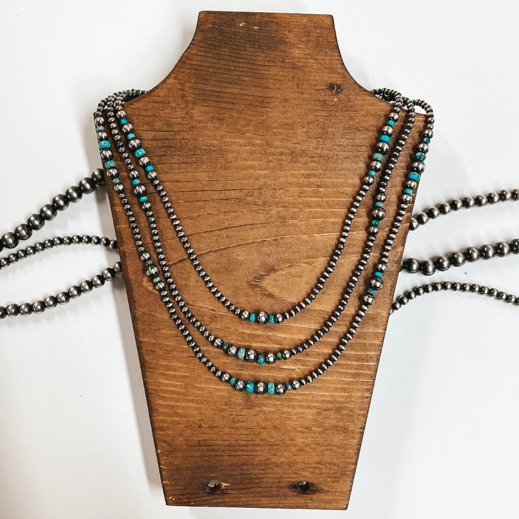 Navajo | Navajo Handmade Sterling Silver 3 Strand Navajo Pearl Necklace with Turquoise Beads - Giddy Up Glamour Boutique