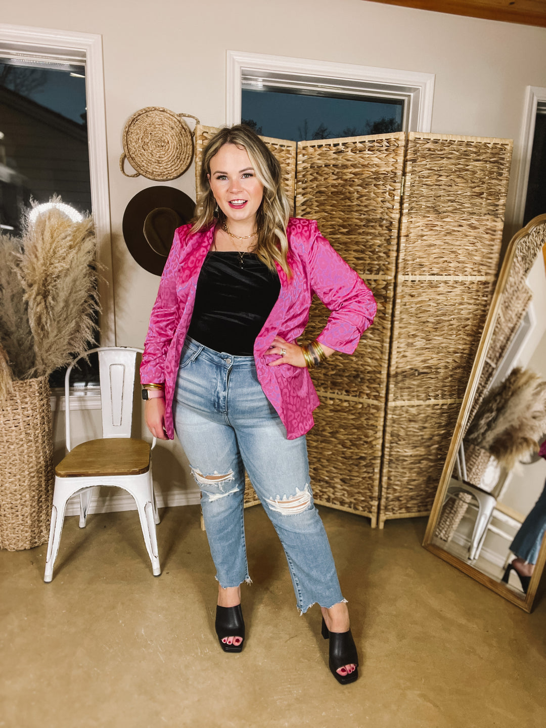 Lasting Impression Leopard Print Blazer with Ruched 3/4 Sleeves in Hot Pink - Giddy Up Glamour Boutique