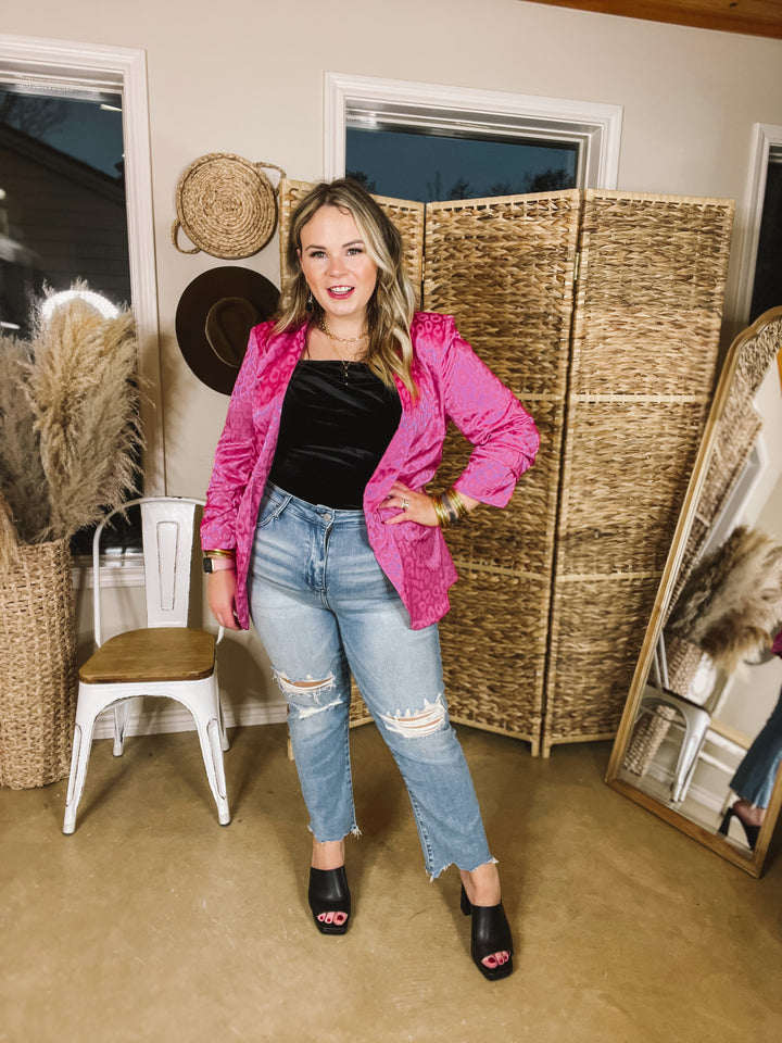 Lasting Impression Leopard Print Blazer with Ruched 3/4 Sleeves in Hot Pink - Giddy Up Glamour Boutique