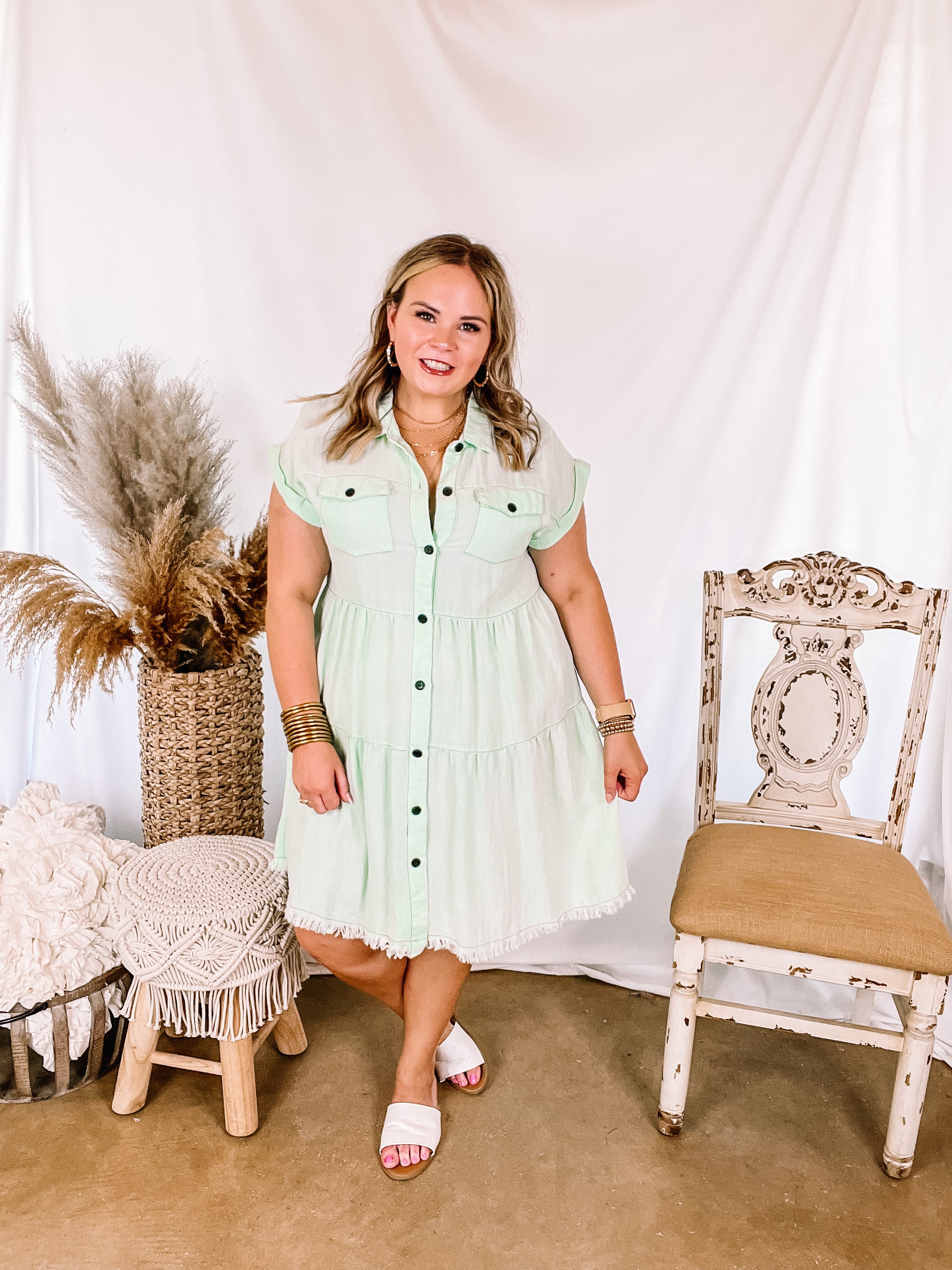Oh Darling Ruffle Tiered Button Up Dress in Mint Green - Giddy Up Glamour Boutique