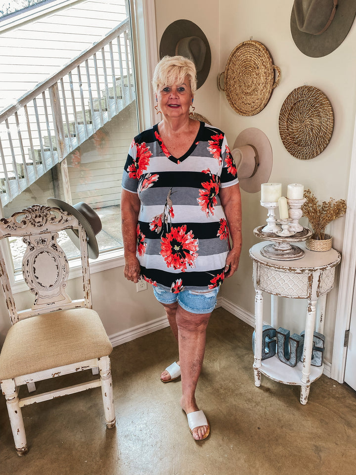 Keep Things Simple Floral and Striped V Neck Tee in Black and Coral - Giddy Up Glamour Boutique