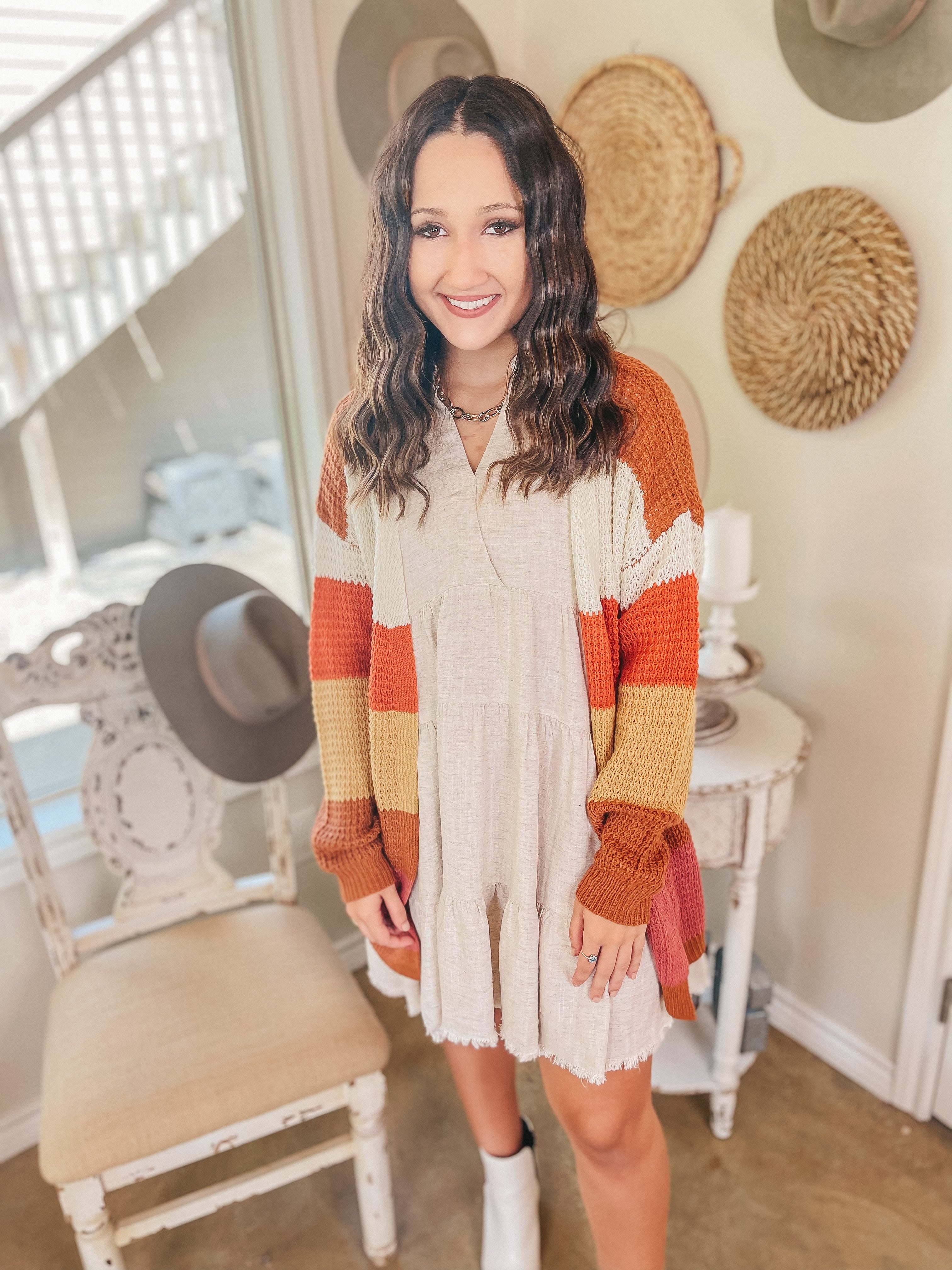 Choosing Cozy Striped Long Sleeve Sweater Cardigan in Rust Mix - Giddy Up Glamour Boutique