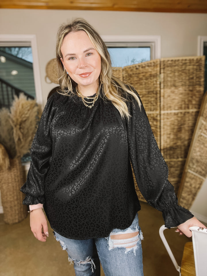 Mood Setter Ruffle Mock Neck Long Sleeve Leopard Print Satin Top in Black - Giddy Up Glamour Boutique