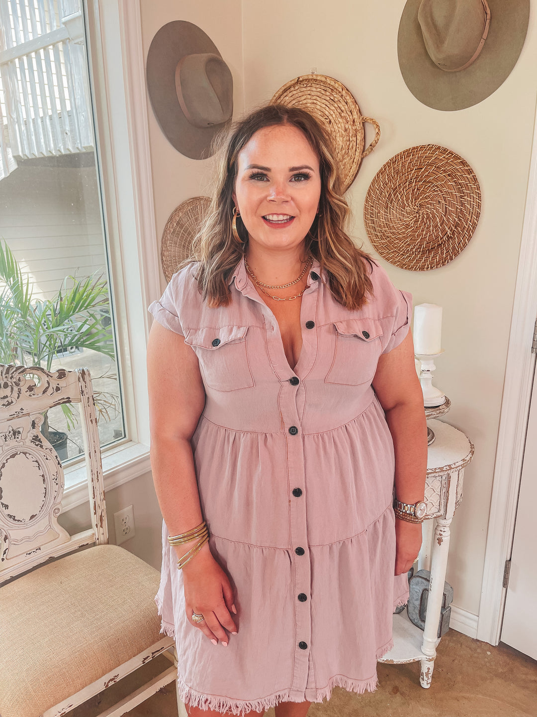 Oh Darling Ruffle Tiered Button Up Dress in Mauve Pink - Giddy Up Glamour Boutique