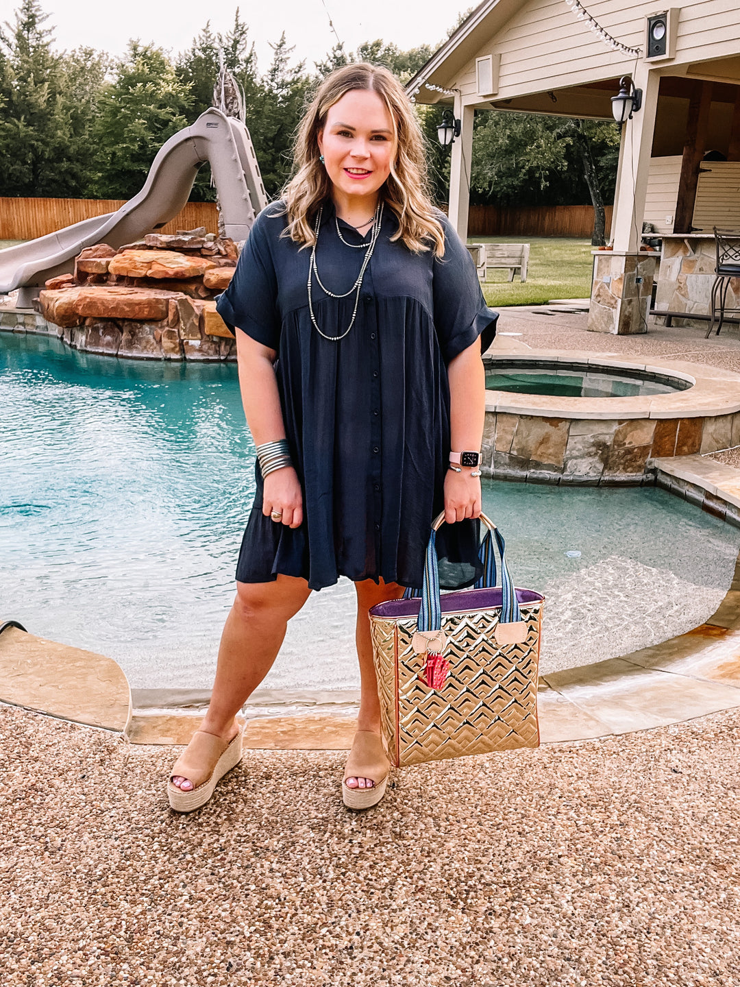 Wildest Dreams Button Up Short Sleeve Tunic Dress in Black - Giddy Up Glamour Boutique