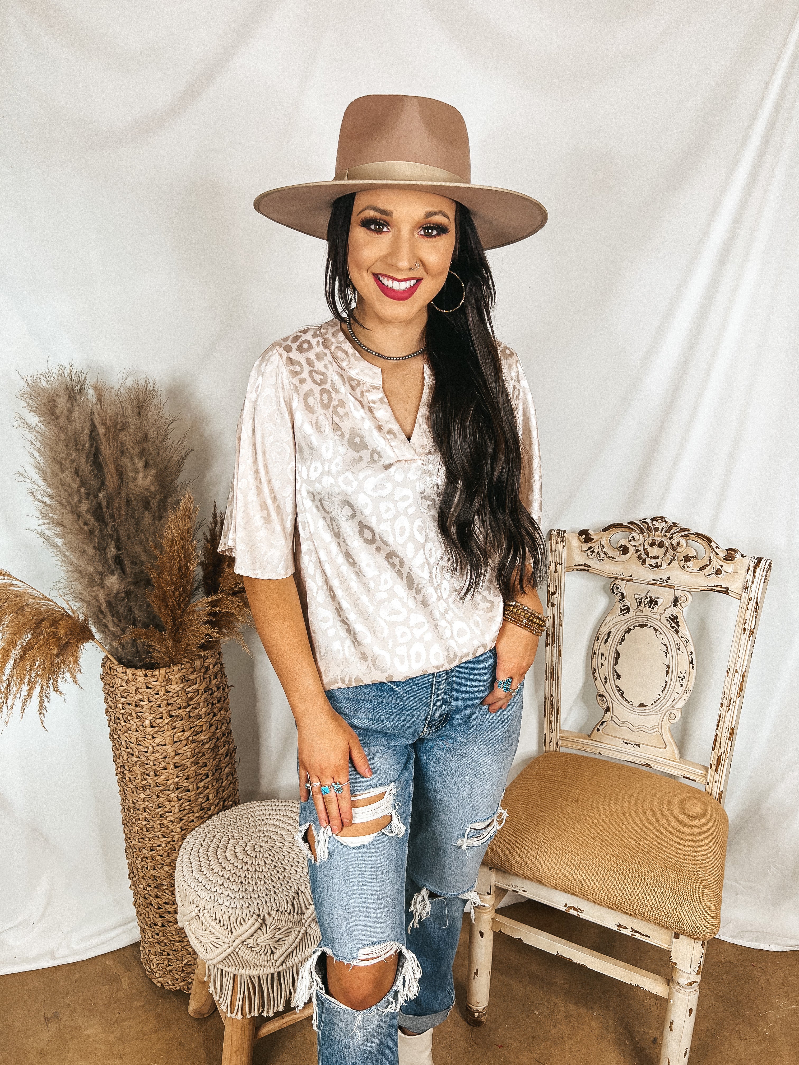 Treasure Forever Notched Neckline Satin Leopard Print Top in Champagne - Giddy Up Glamour Boutique