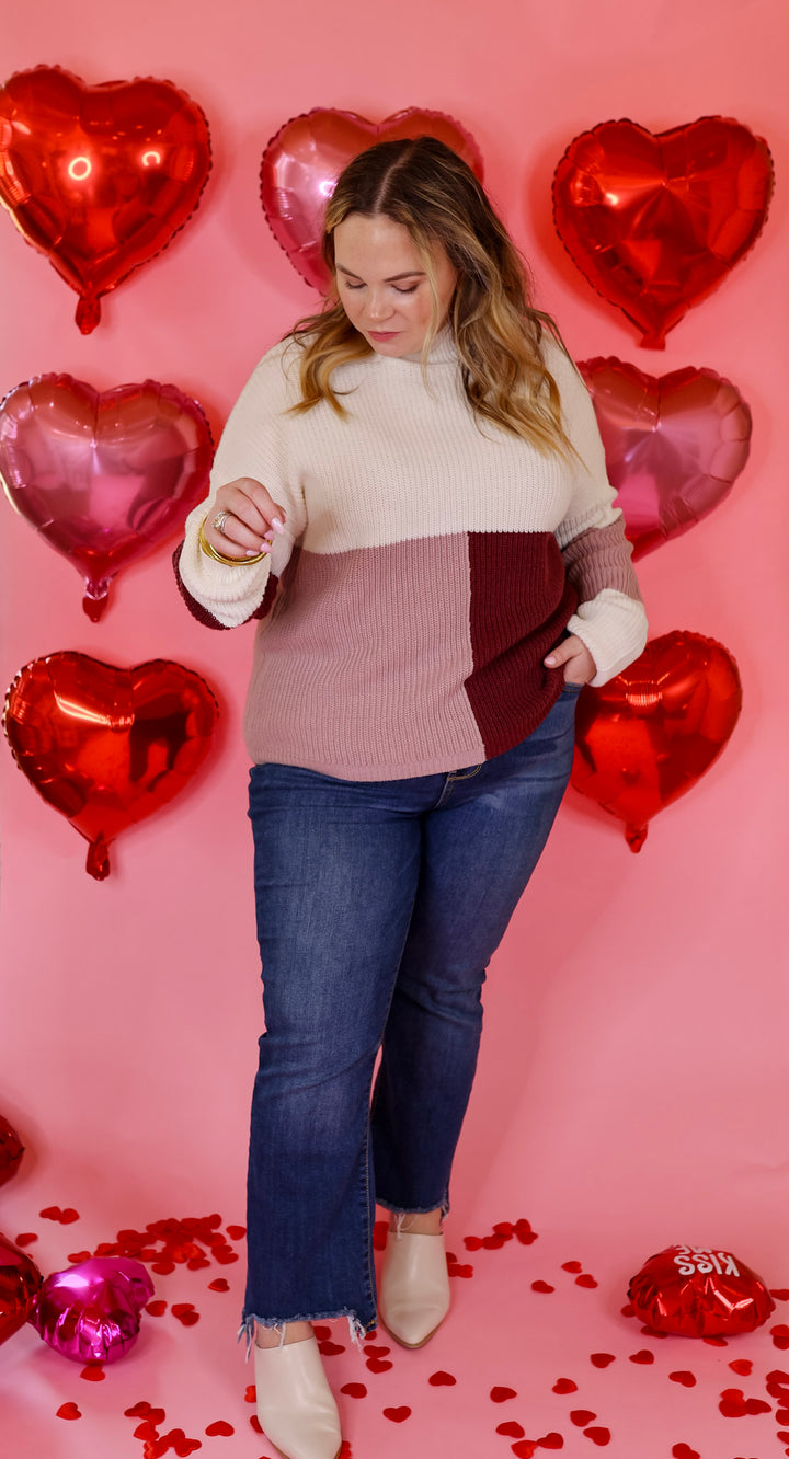 Just Warming Up Color Block Knit Pullover Sweater in Maroon and Mauve - Giddy Up Glamour Boutique