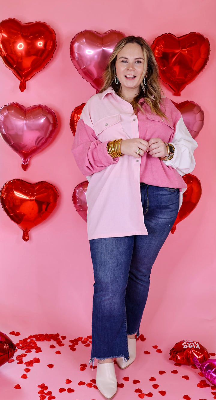Full of Fun Color Block Button Up Shacket in Pink Mix - Giddy Up Glamour Boutique