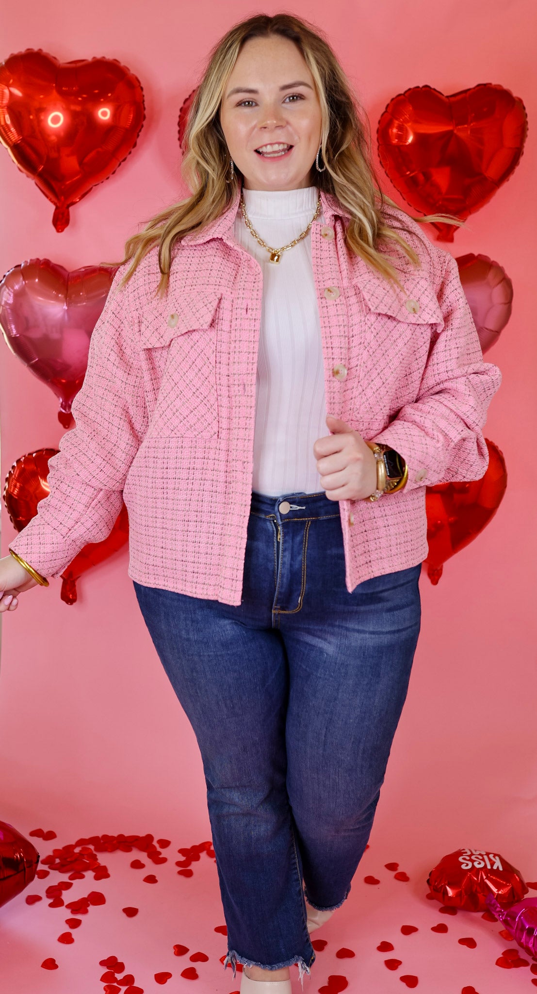 Rodeo Drive Button Up Tweed Jacket in Pink - Giddy Up Glamour Boutique