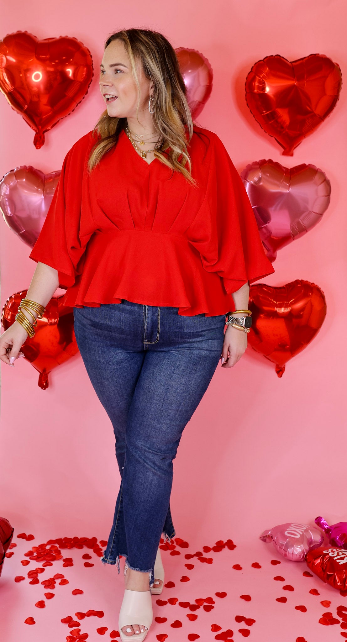 Hear the Music Drop Sleeve V Neck Peplum Top in Red - Giddy Up Glamour Boutique
