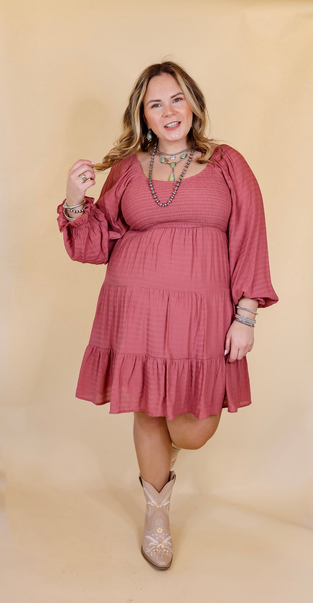 Day Cafe Smocked Bodice Long Sleeve Tiered Dress in Mauve - Giddy Up Glamour Boutique