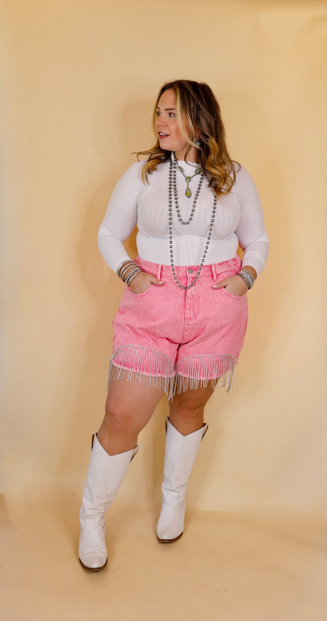 Saddle Up Crystal Fringe Distressed Denim Shorts in Pink - Giddy Up Glamour Boutique