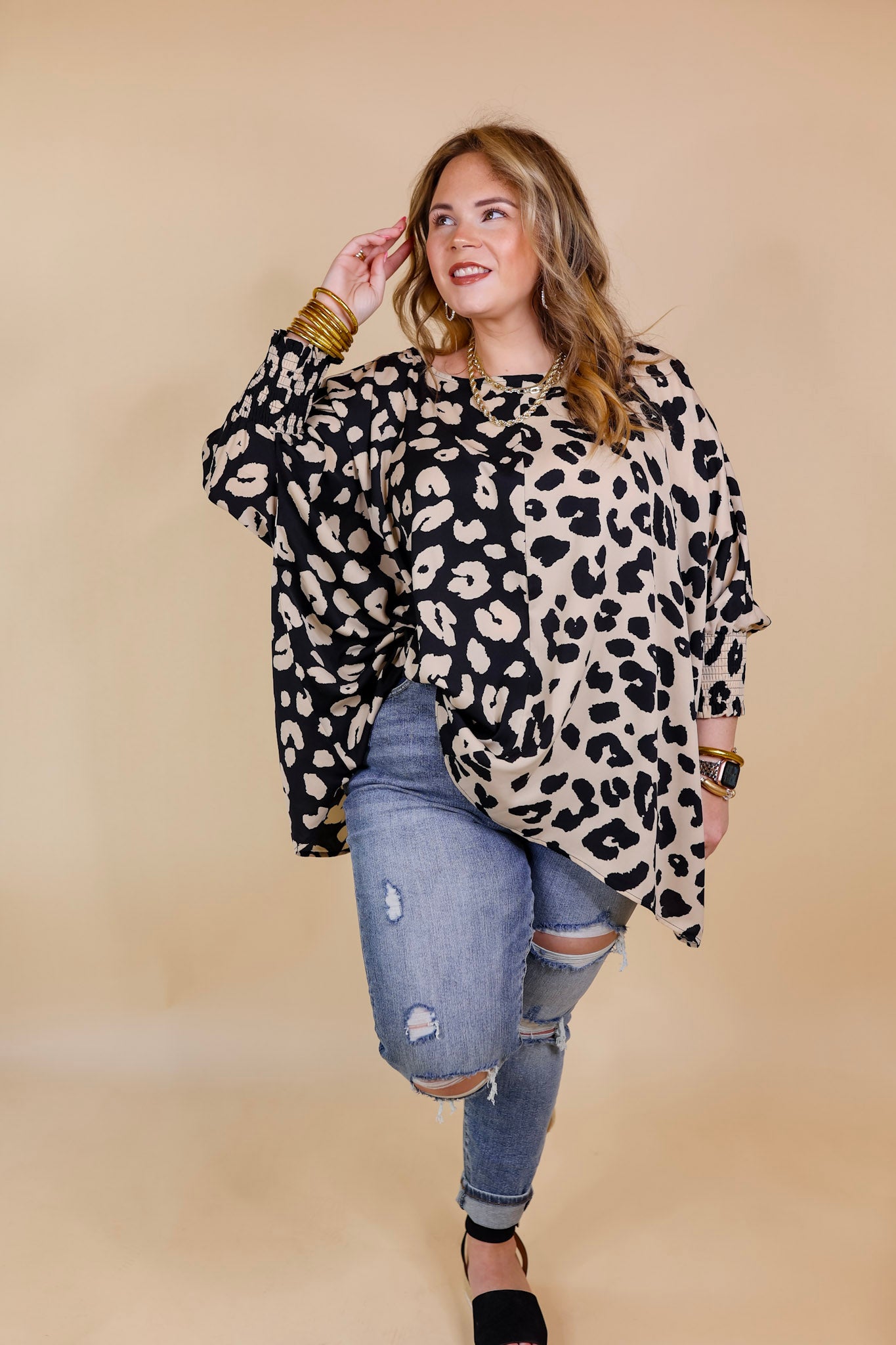 Growing and Glowing Smocked 3/4 Sleeve Oversized Leopard Print Color Block Blouse in Ivory and Black - Giddy Up Glamour Boutique