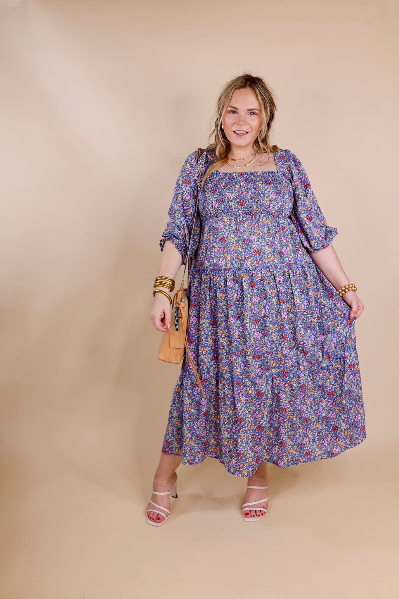 Spring Blooms Smocked Floral Maxi Dress in Blue - Giddy Up Glamour Boutique