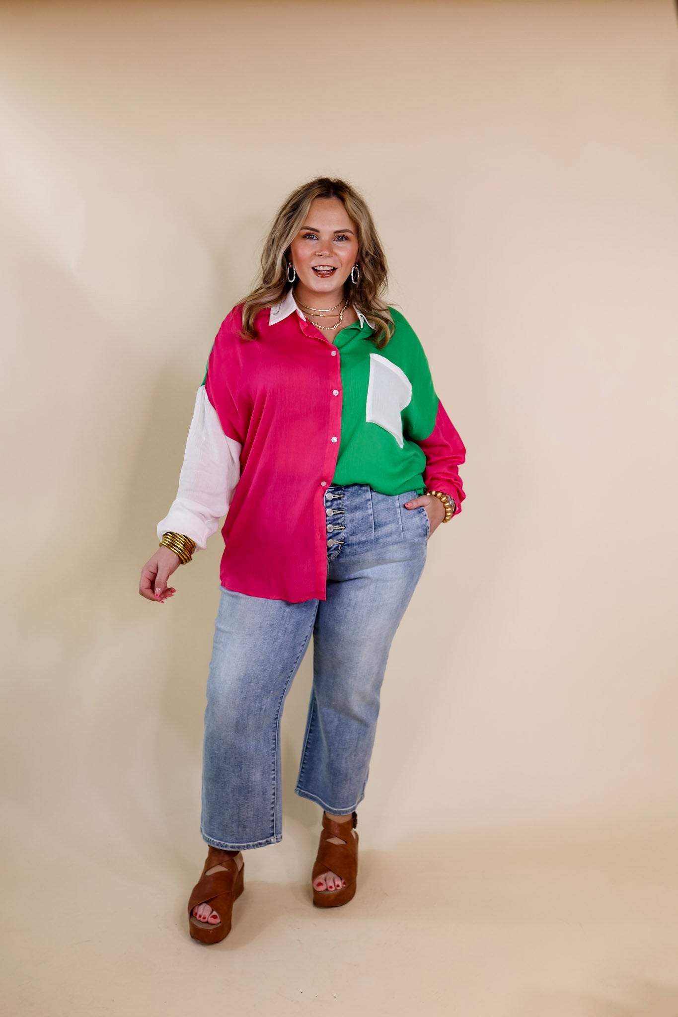 Marina Smiles Color Block Button Up Top in Pink and Green - Giddy Up Glamour Boutique
