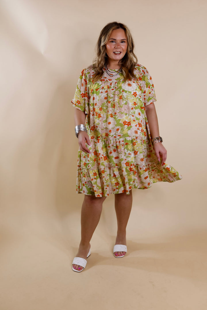 State of Bliss Ruffle Tiered Floral Dress in Lime Green and Orange - Giddy Up Glamour Boutique